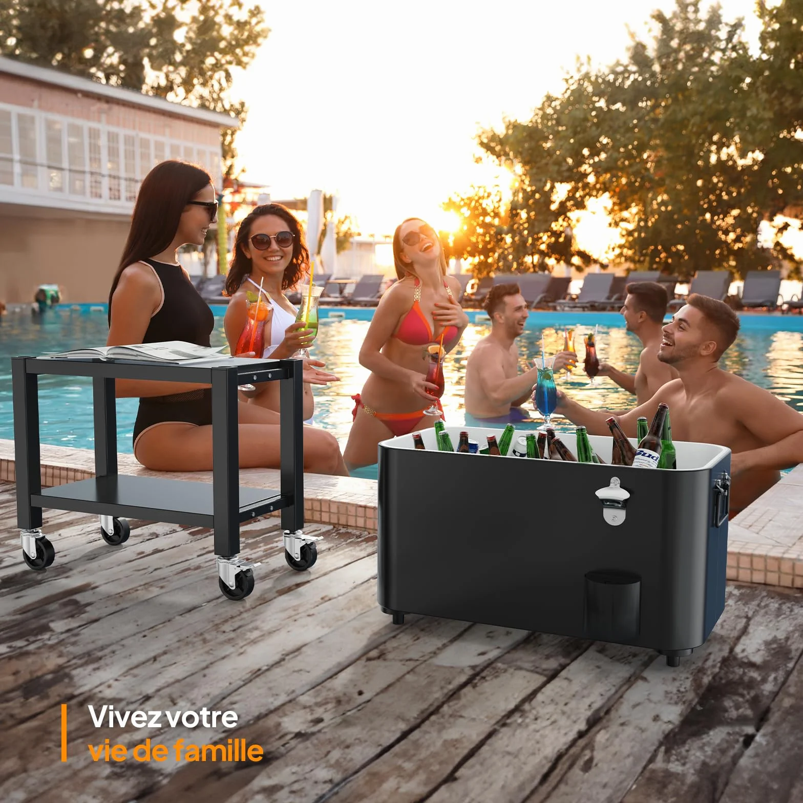 Bonnlo Glacière à roulettes 76 L Frigo Camping Jardin Chariot Frigorifique Ouvre-Bouteille Attrappe-Capsule