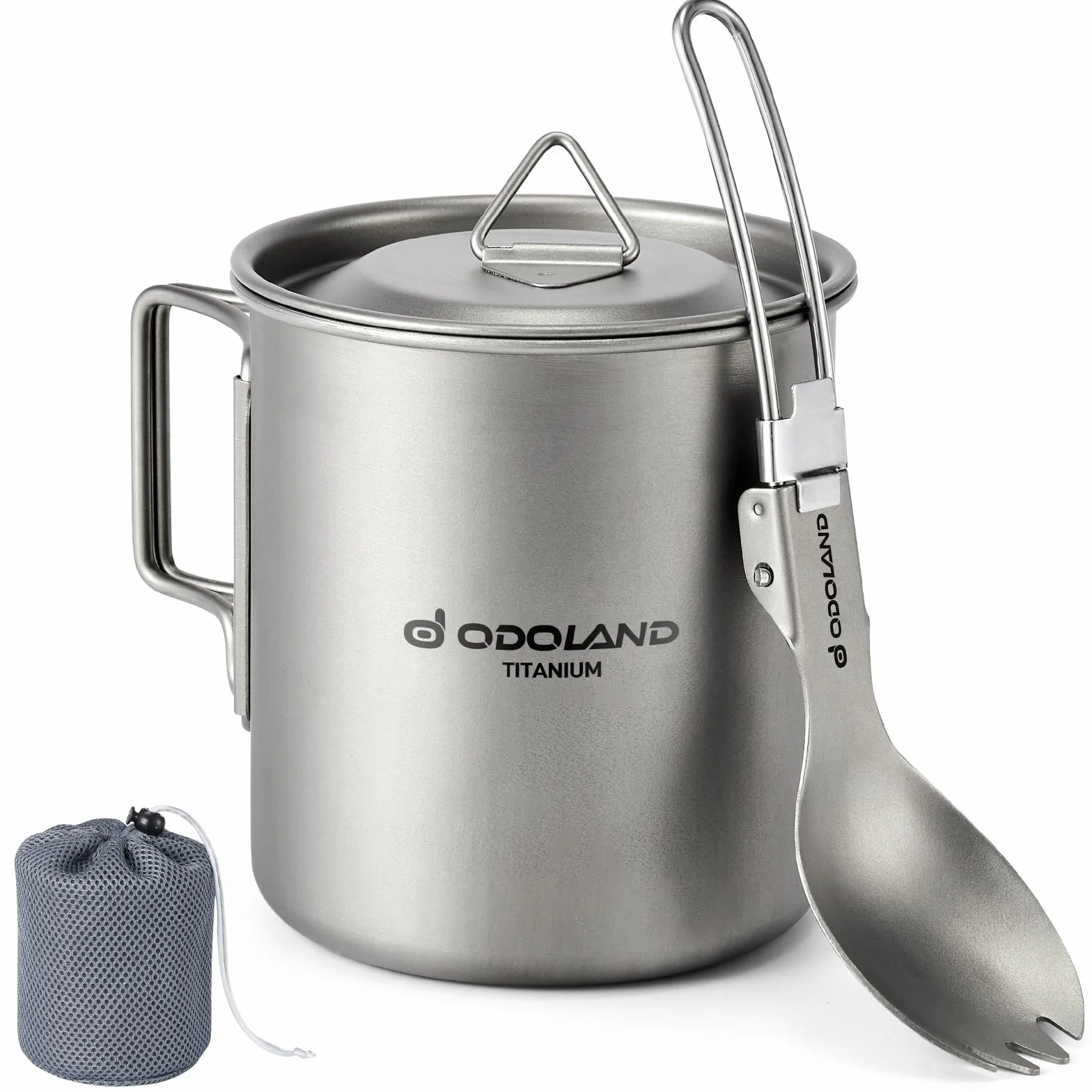 Odoland Pot en Titane 420ml Ultraléger Portable Tasse à Eau en Titane, Tasse de Camping avec Couvercle et Spork pour Camping, Randonnée, Voyage et Trekking