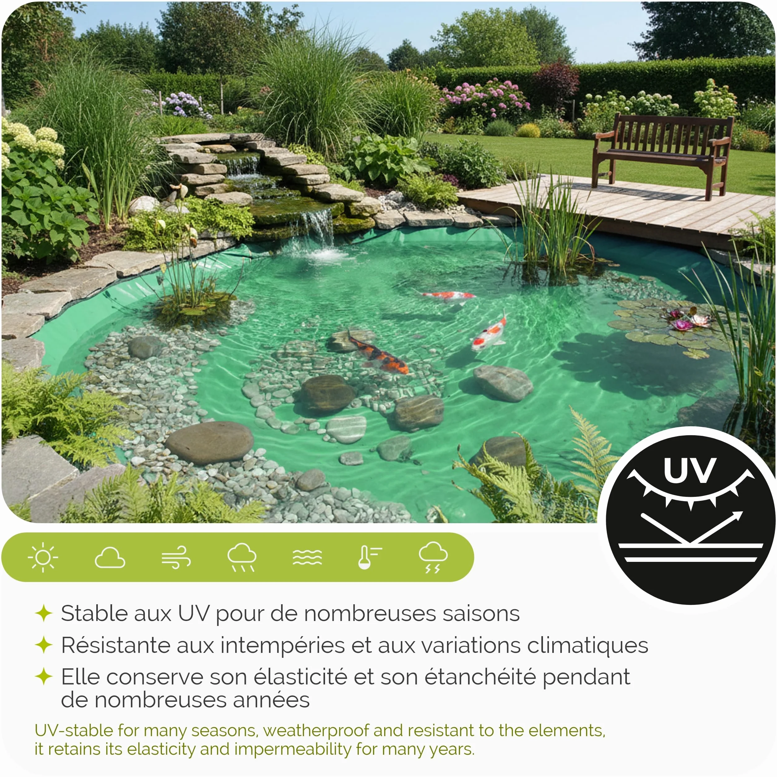 Bâche pour Bassin Extérieur 6x5m (30m²) Liner Étanche PE 0,5mm Résistant UV 3 Couches Bleu-Vert