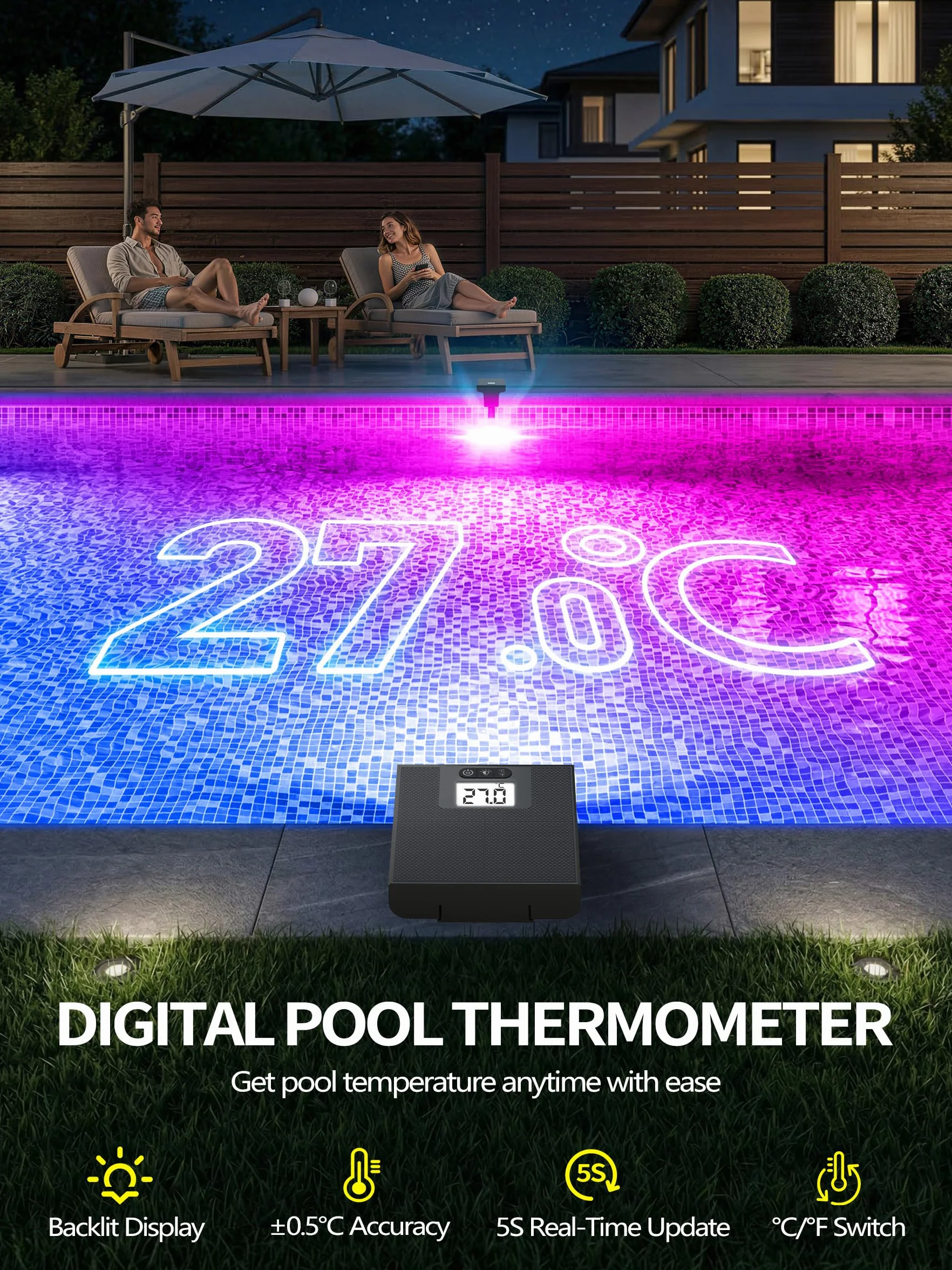 DeeprBlu 2 en 1 Lumiere Piscine Solaire avec Thermomètre Éclairage Submersible 10 Modes