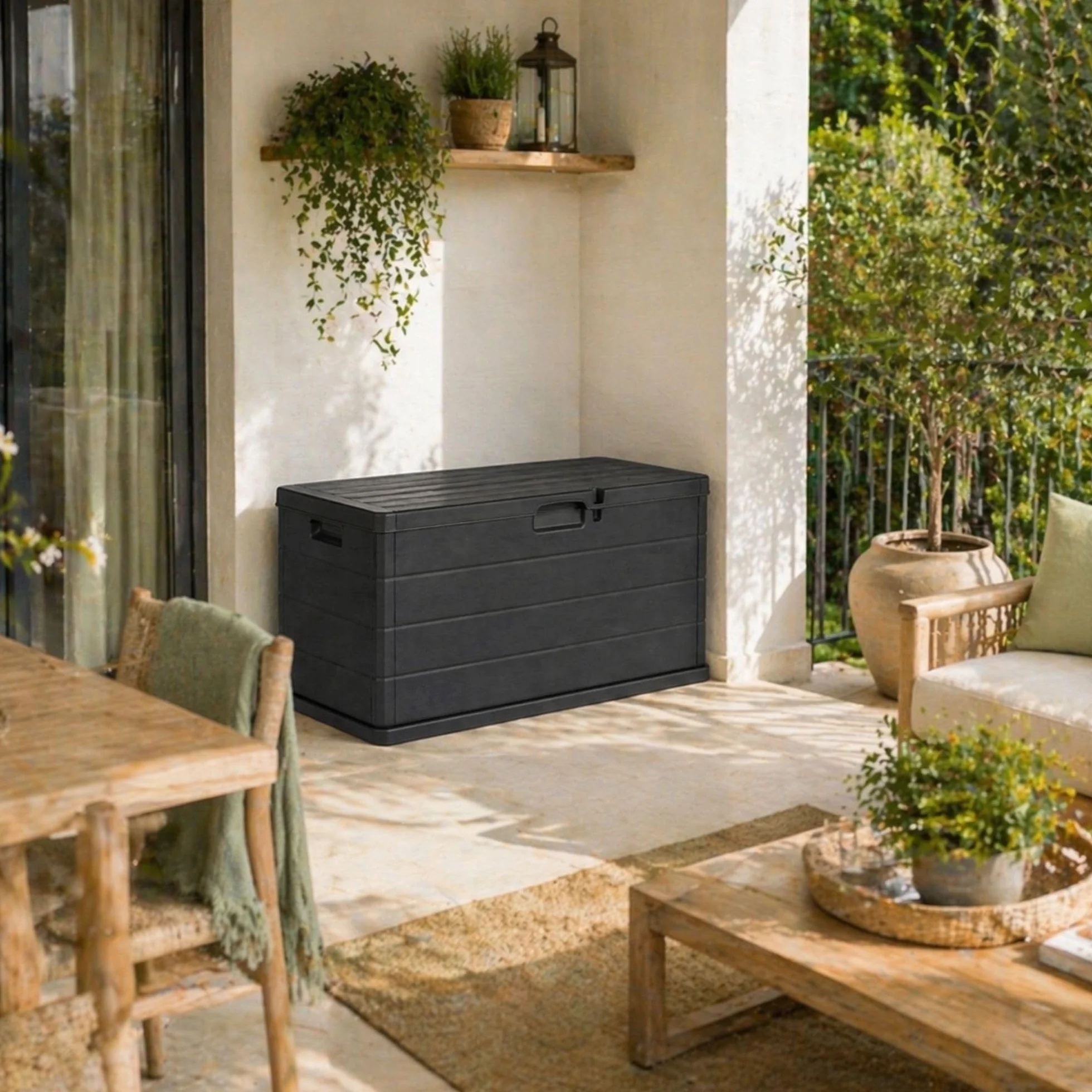 Coffre d'extérieur 340 L effet bois résine anthracite 118 x 59 x 57 cm