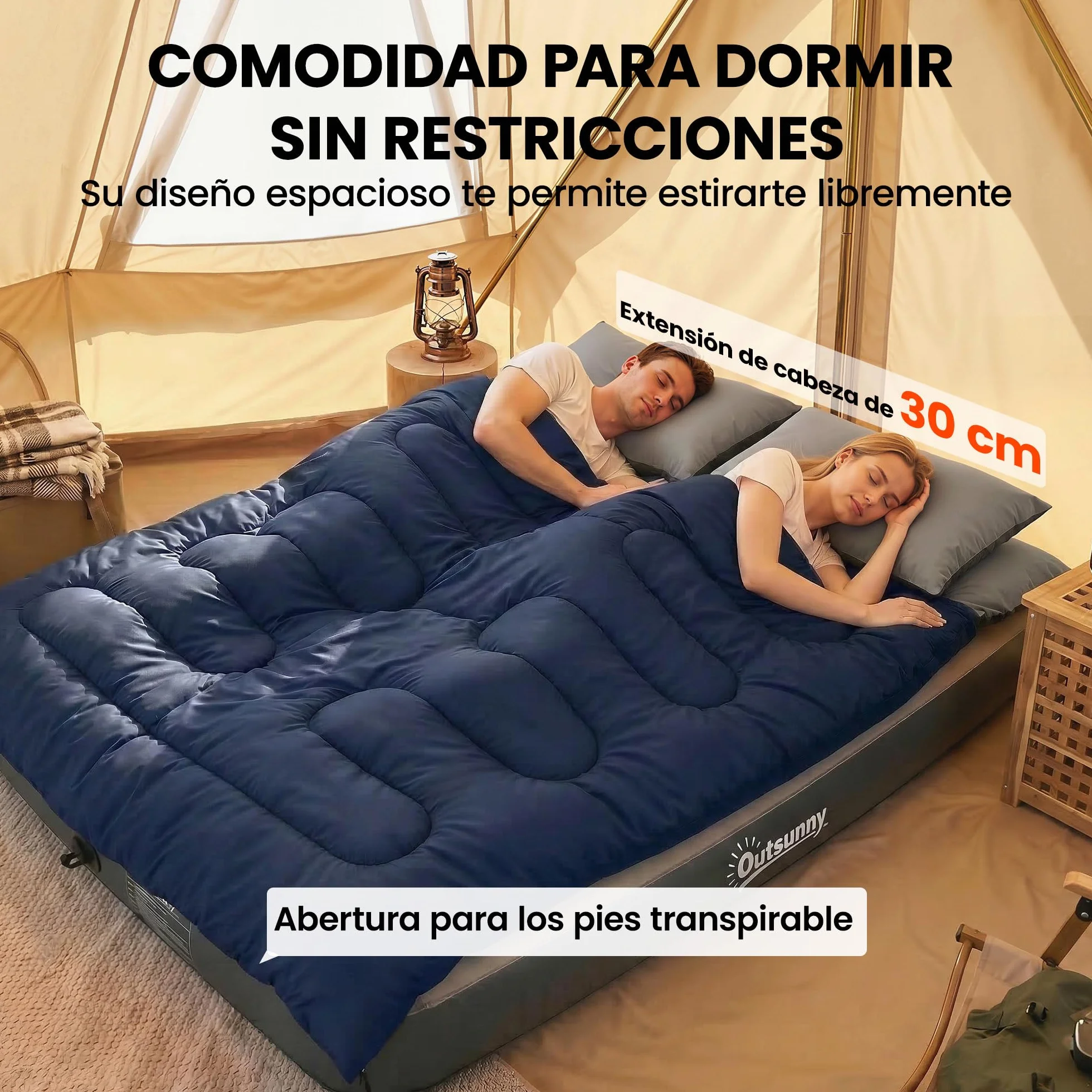 Outsunny Sac de couchage double adulte, léger, taille Queen pour 2 personnes 3 saisons, sac de couchage rectangulaire avec 2 oreillers et sac de transport, pour les jours froids, le camping, la