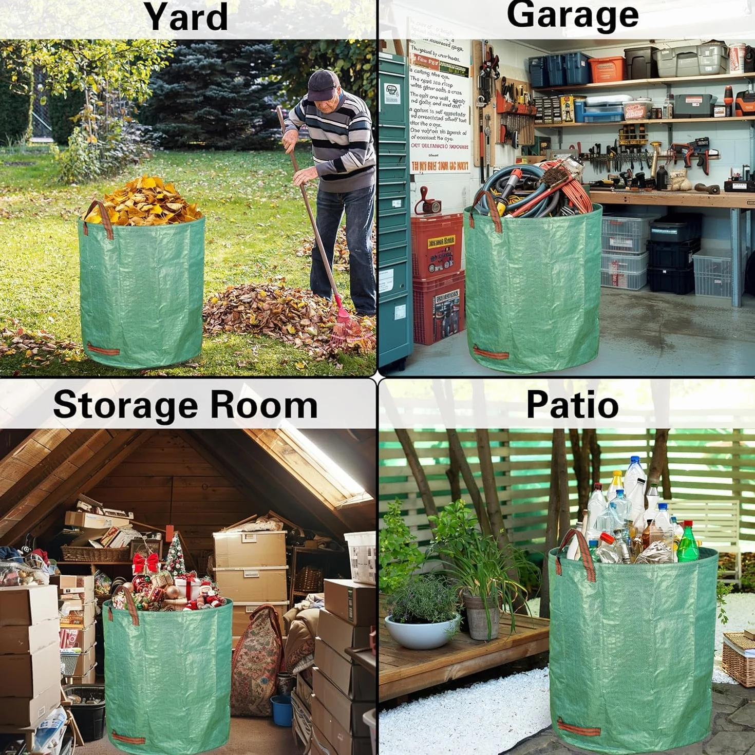 Sac Jardin 200L Vert Déchets Végétaux Pliable Réutilisable avec Poignées 3 Pièces