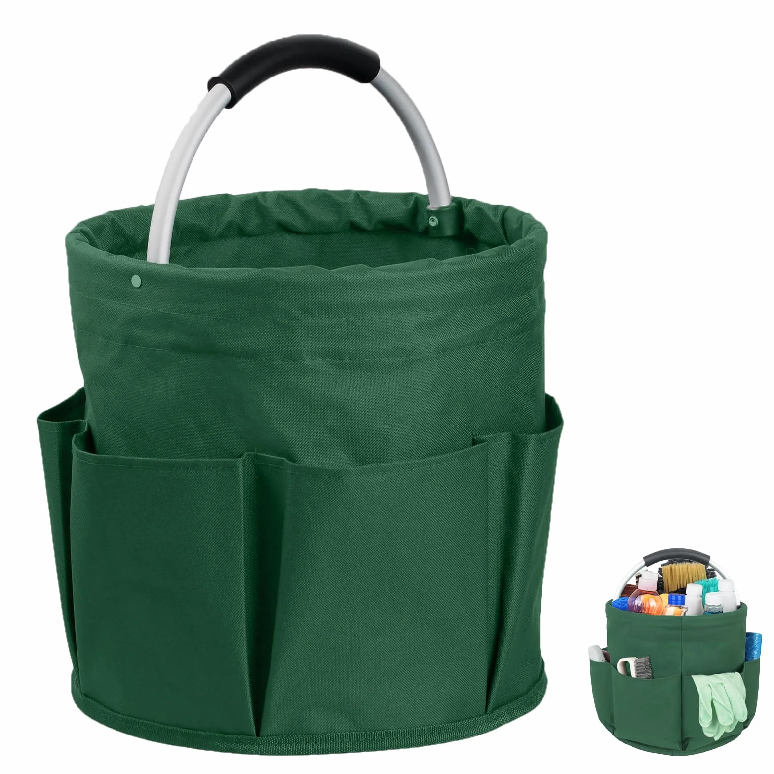 Organisateur de Nettoyage Pliable, Sac à Outils avec 6 Compartiments, Panier de Rangement, Vert