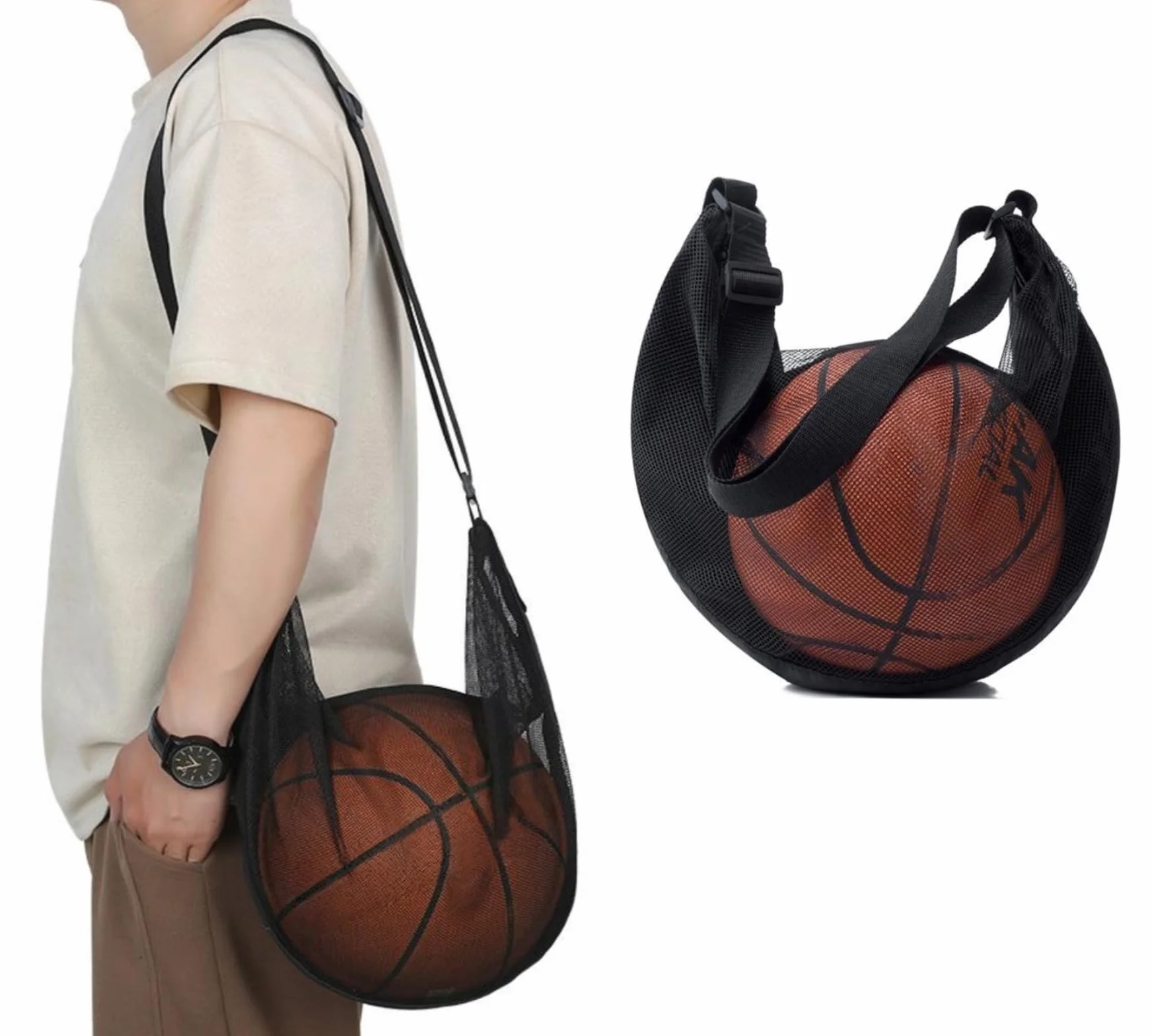 Sac à Ballon avec Poche zippée, bandoulière en Maille, Rangement pour équipement de Sport, Sac de Basket-Ball, Football, Volley-Ball, Rugby, Plage bandoulière
