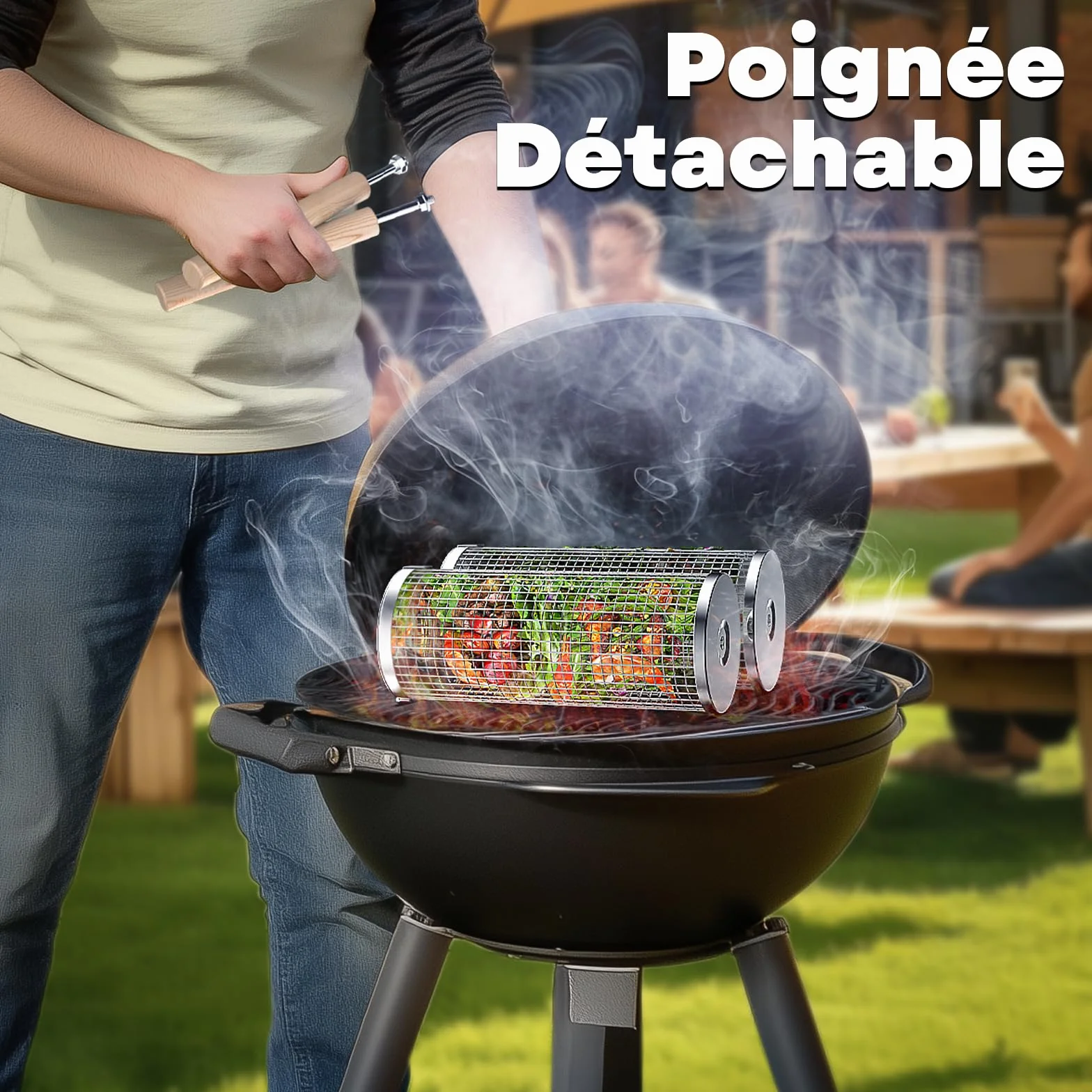 Panier à Barbecue Roulant en Acier Inoxydable 304, Poignée Détachable, Gigogne, Accessoires Grille à Légumes