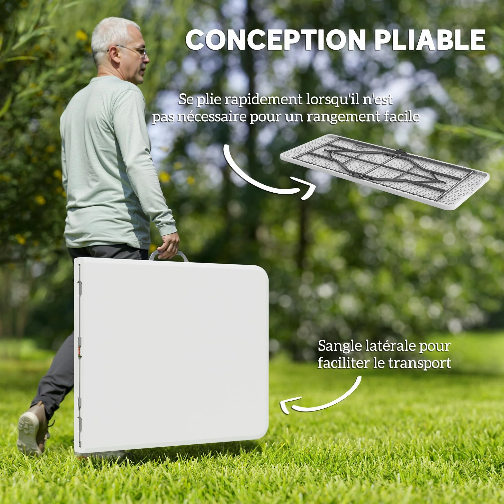 Outsunny Table Pliante HDPE 180x74x74 cm Camping Extérieur Blanc