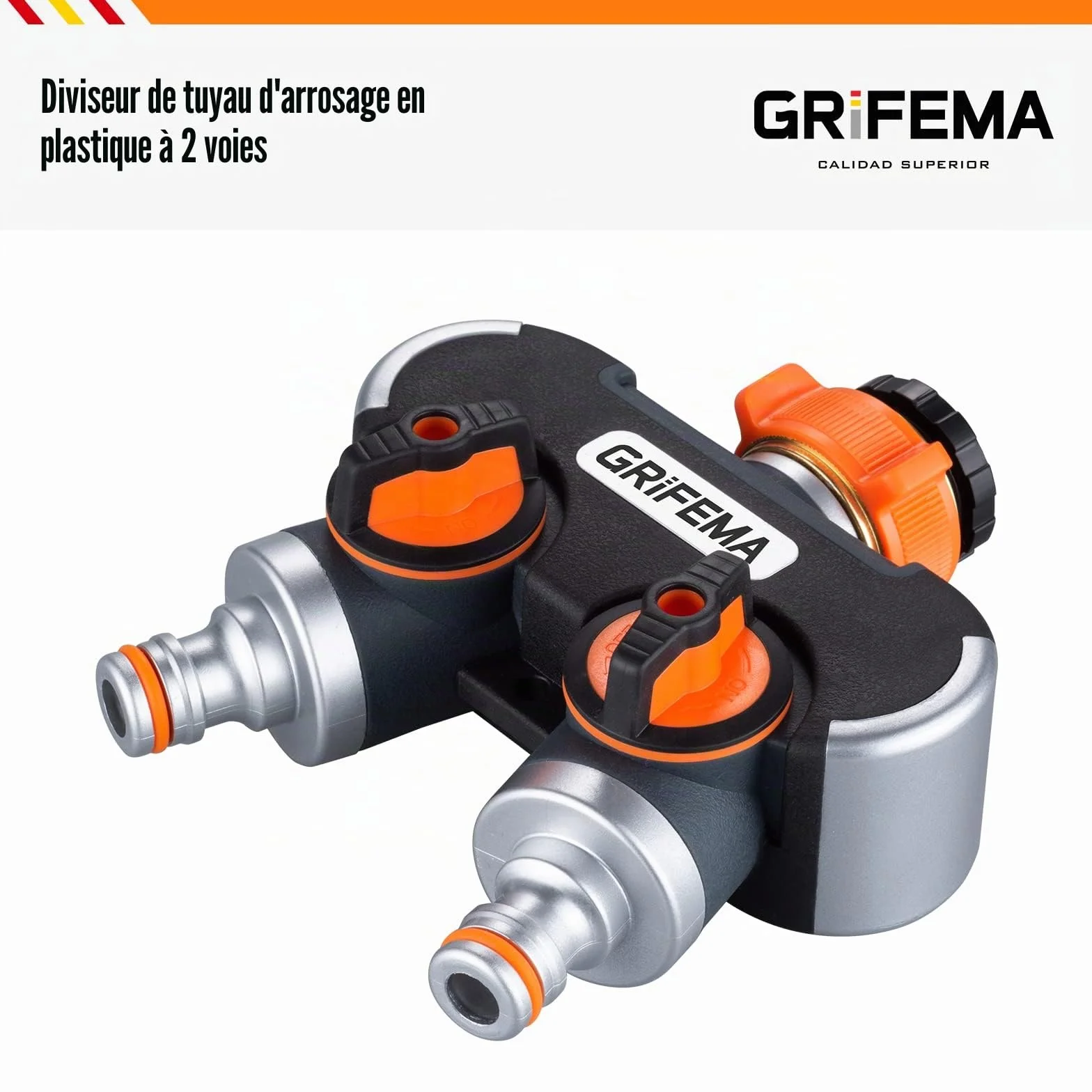 GRIFEMA GE1401-2 Distributeur Arrosage 2 Voies Diviseur de Tuyau avec Interrupteur de Commande Orange/Noir
