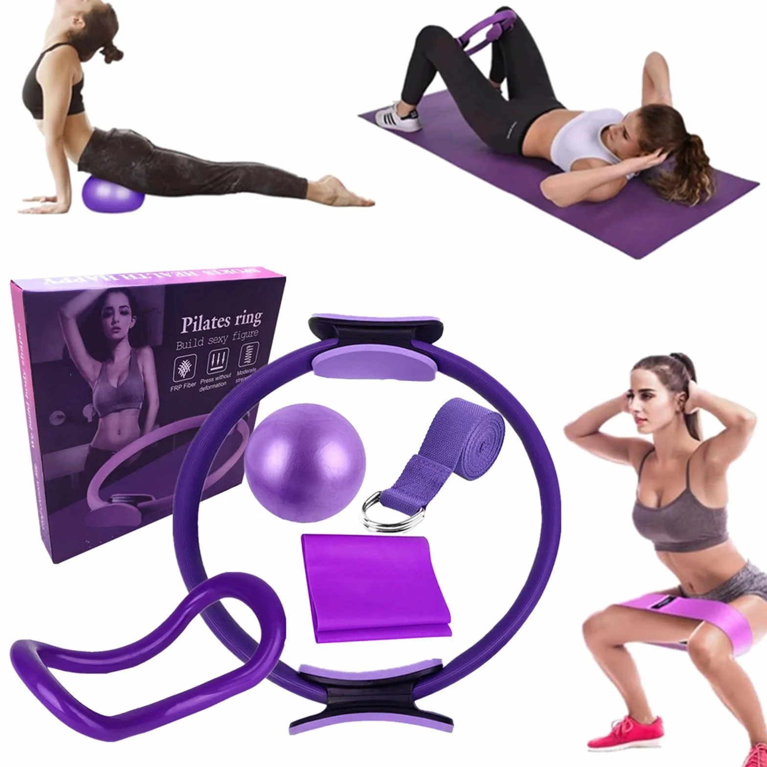 Set de Pilates et de Yoga 6 pièces - Kit Maison avec Bandes de résistance, Anneaux pour Jambes, Bras et Cuisses