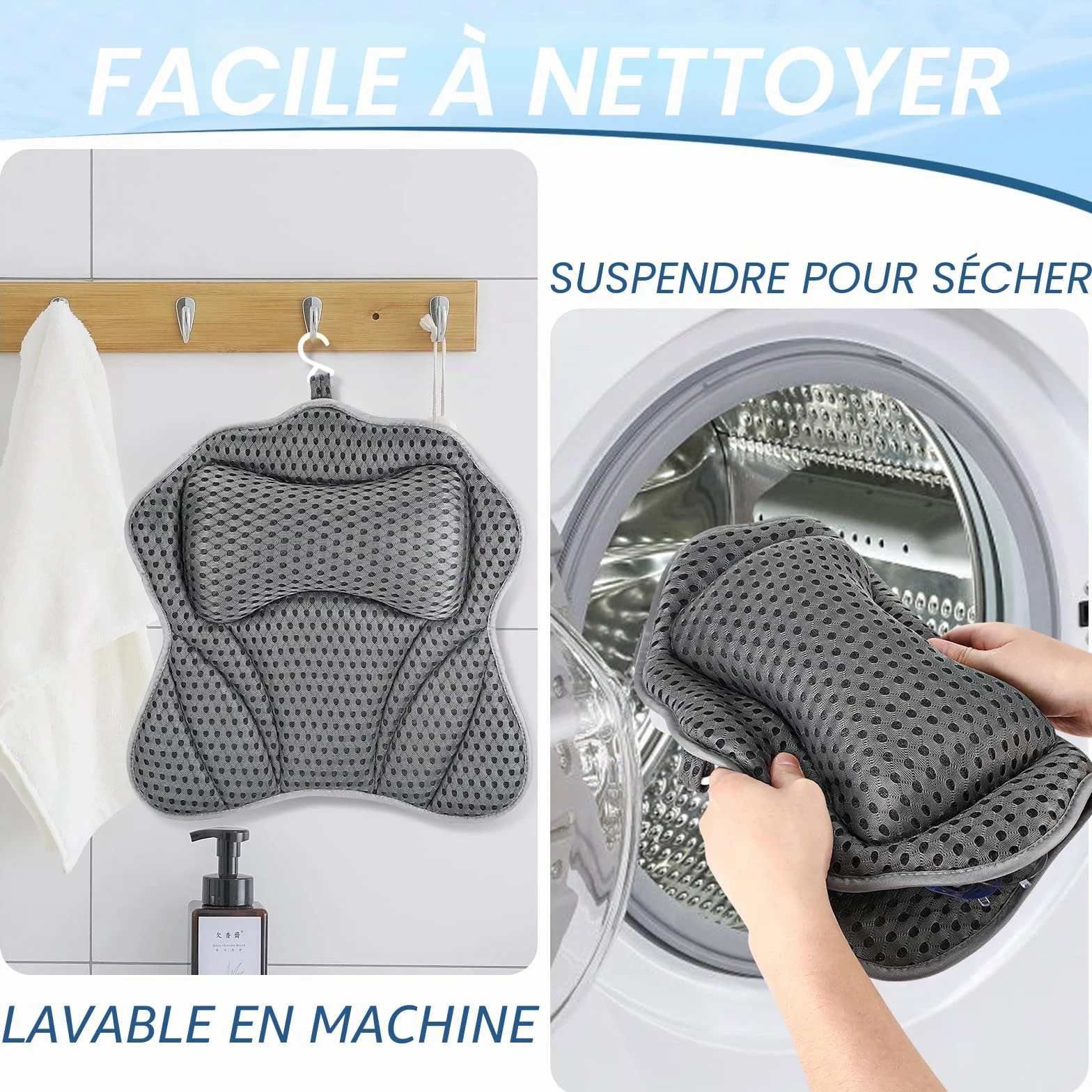 Oreiller de Bain avec 2 Ventouses Puissantes, Coussin Air Mesh 4D pour Ergonomique Dos Cou