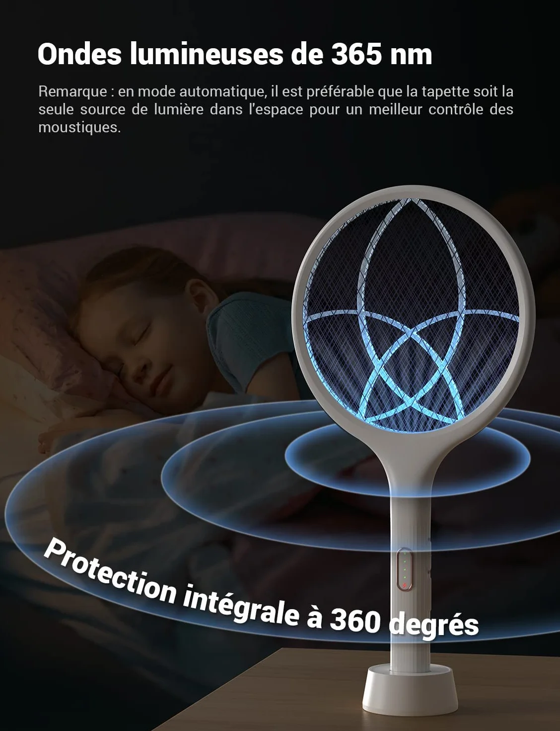 YISSVIC Raquette Electrique Insectes 4000 V 1500 mAh Rechargeable avec Base Stable, Blanc