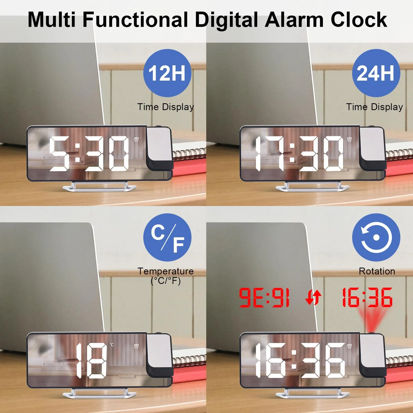 Cuteefun Réveil Projecteur Plafond LED avec Affichage Température Snooze 12H/24H