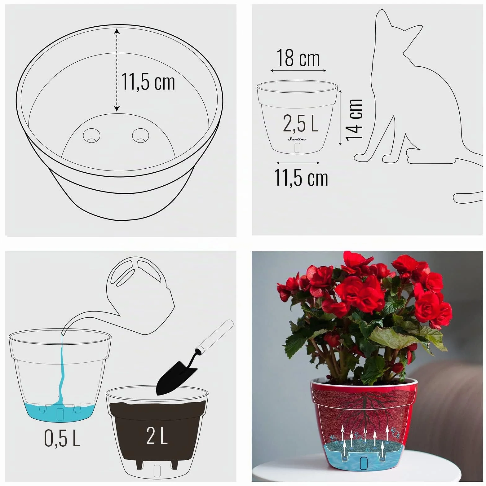 Santino ASTI Pot de Fleurs à Arrosage Automatique 18 cm Auto-Arrosant Indicateur de Niveau d'eau Blanc/Noir