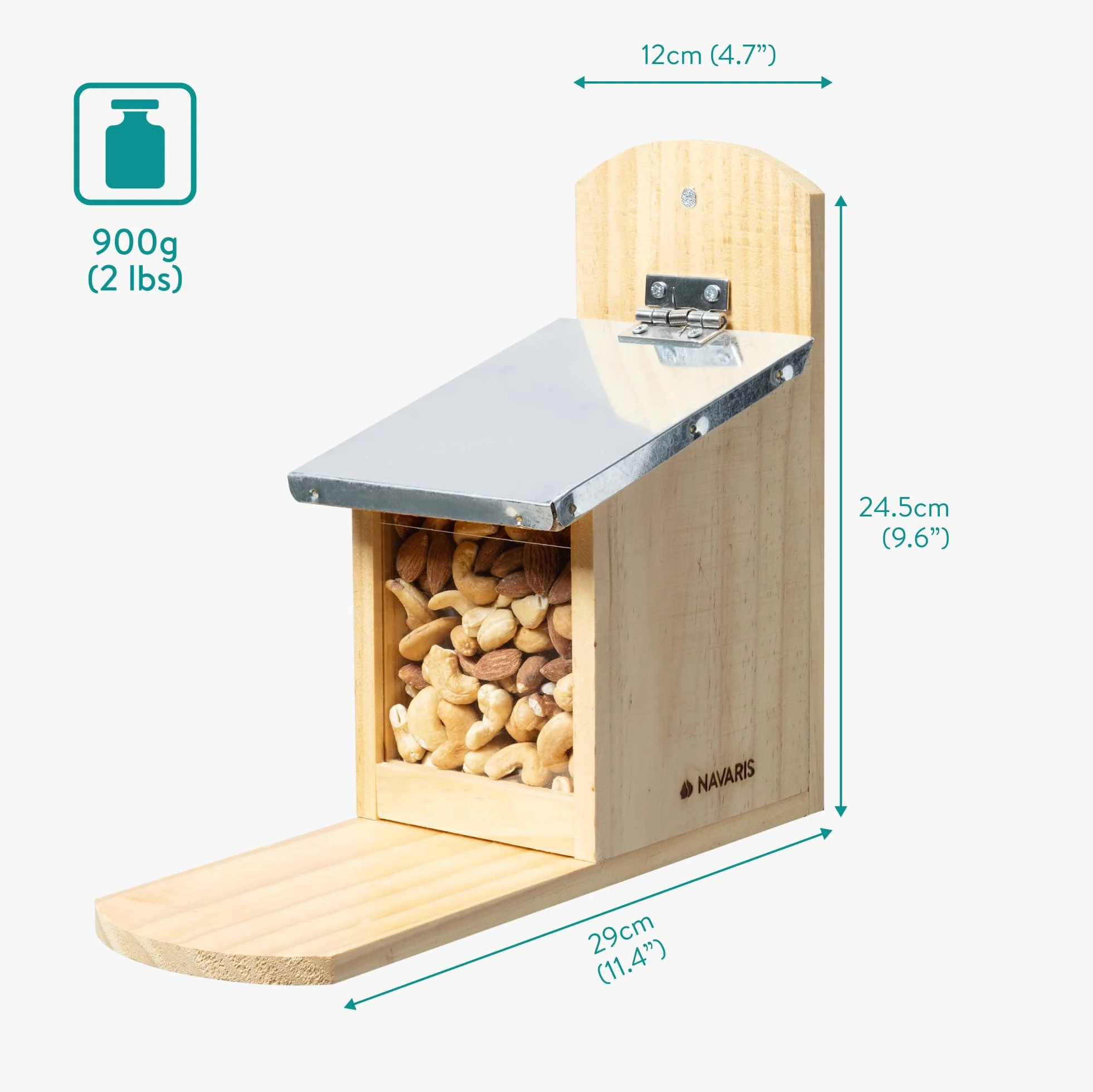Navaris Mangeoire pour Écureuil Maison en Bois de Pin Toit en Métal Vitre 12 x 29 x 24,5 cm