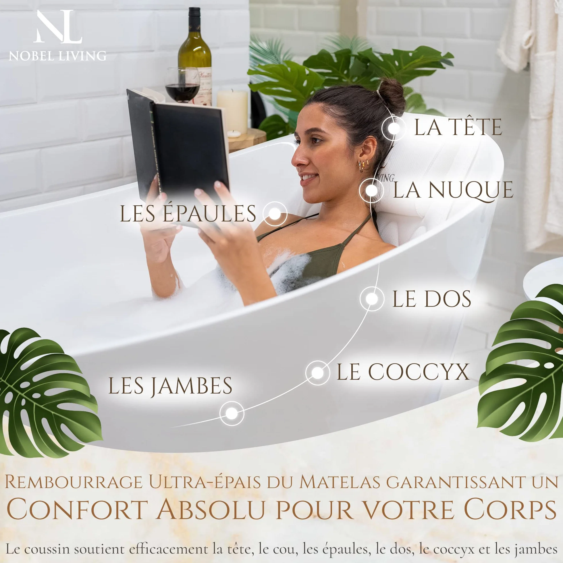 Coussin Baignoire Corps Complet Claessonliving 125x43cm Matelas de Bain avec appuie-tête et Supports pour Le Corps Blanc