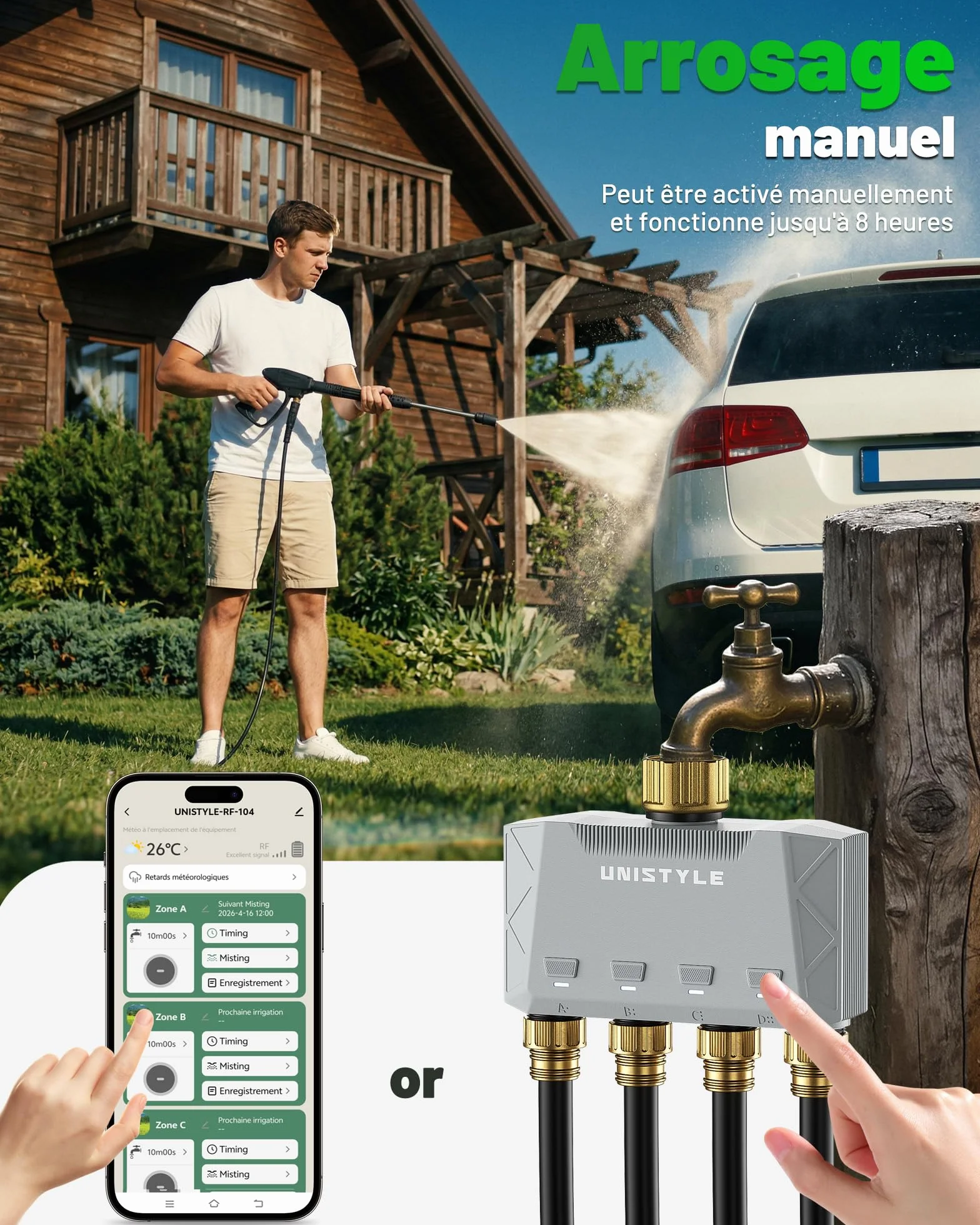 Programmateur Arrosage Connecté WiFi 4 Voies Unistyle – Contrôle via App 5 Programmes Jardin Automatique