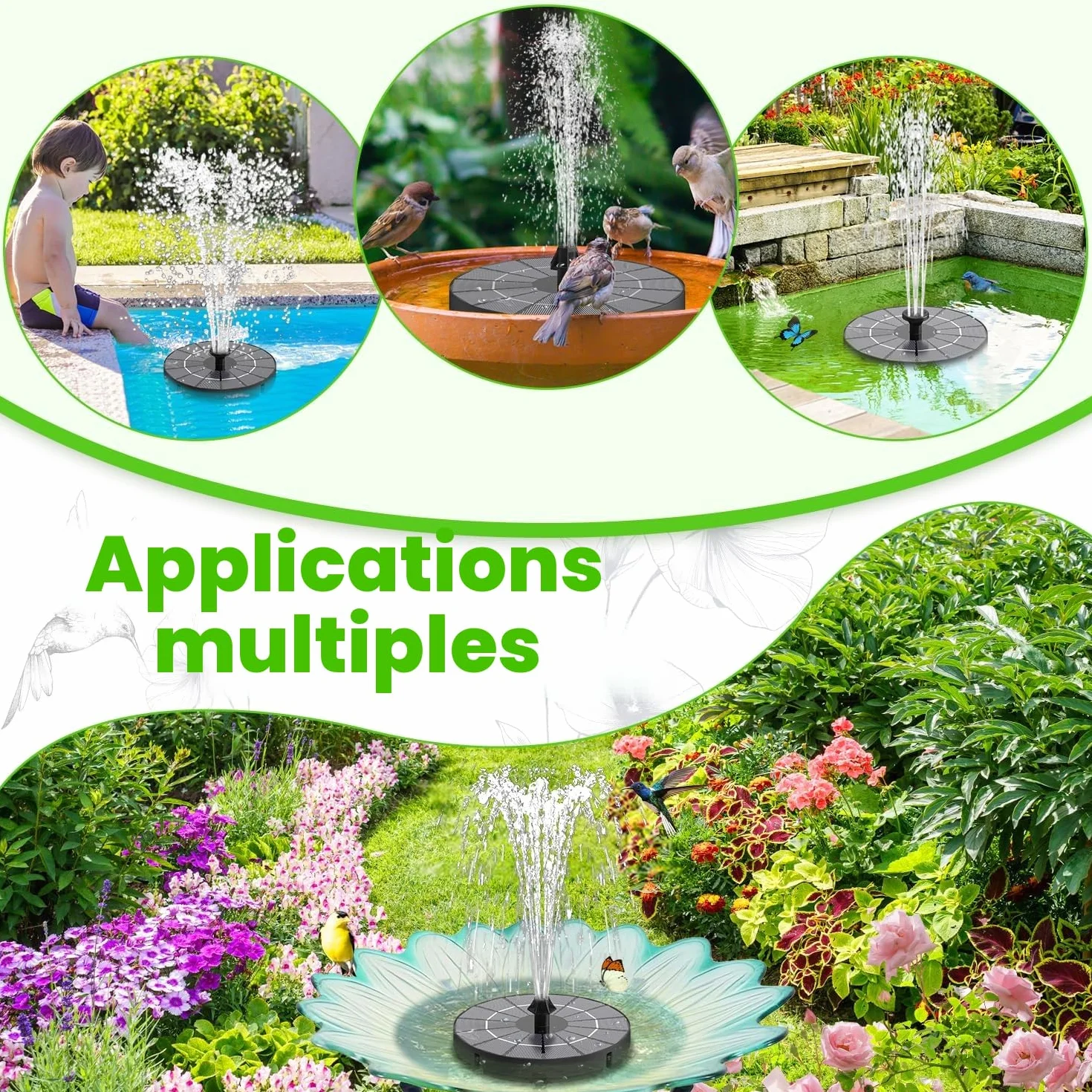 Fontaine Solaire Flottante 3.5W 2000mAh avec Pompe Bassin 8 Buses 4 Tiges Fixes pour Jardin