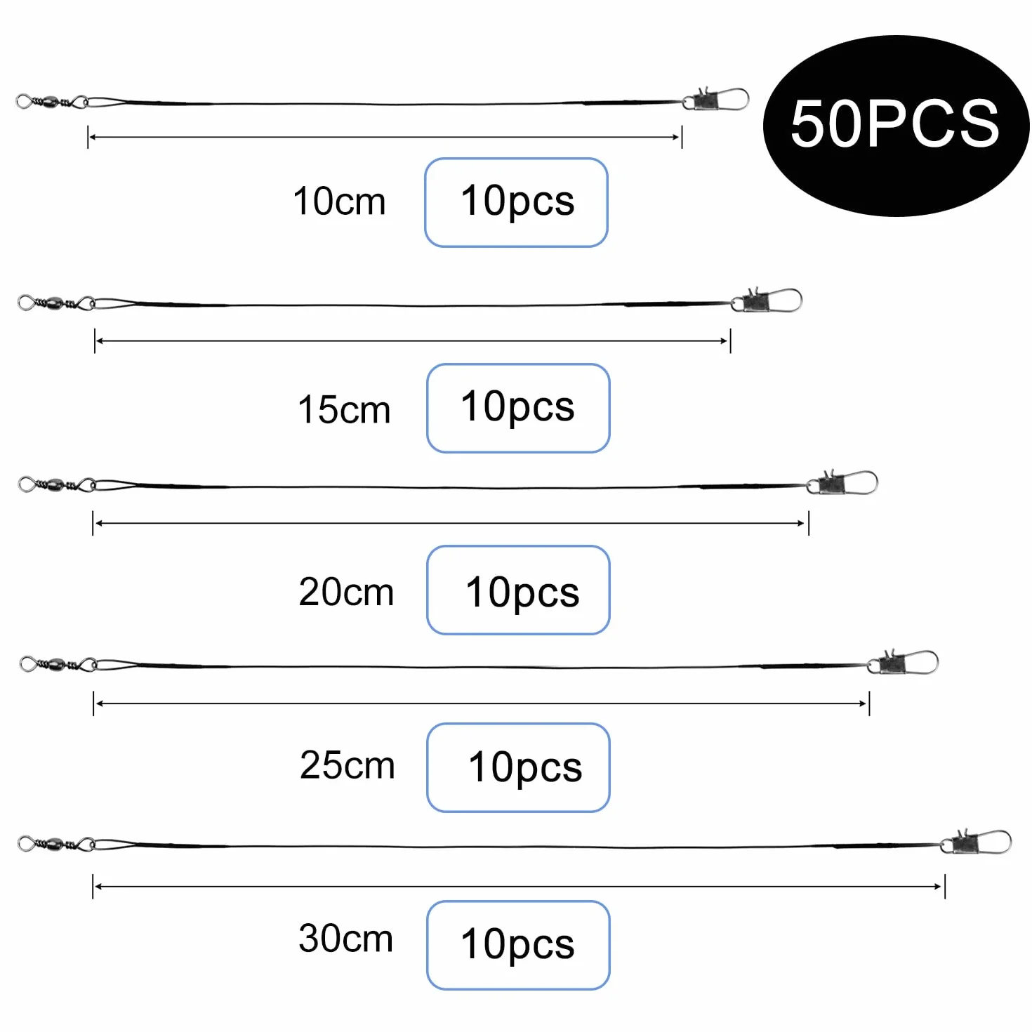 Lot de 50 fils de pêche en acier inoxydable, anti-morsure, lignes avec pivot (10/15/20/25/30 cm)