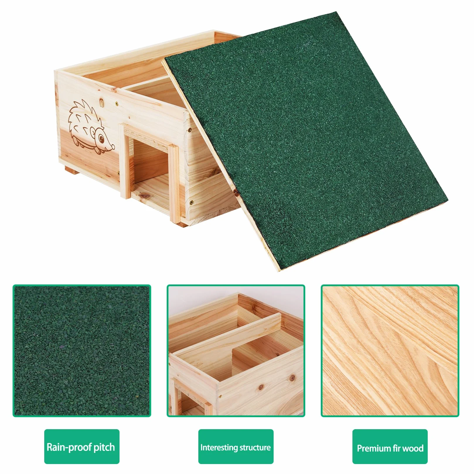 BingoPaw Maison pour Hérissons en Bois, Abri d'hibernation avec Toit Imperméable 38x38x22.5 cm
