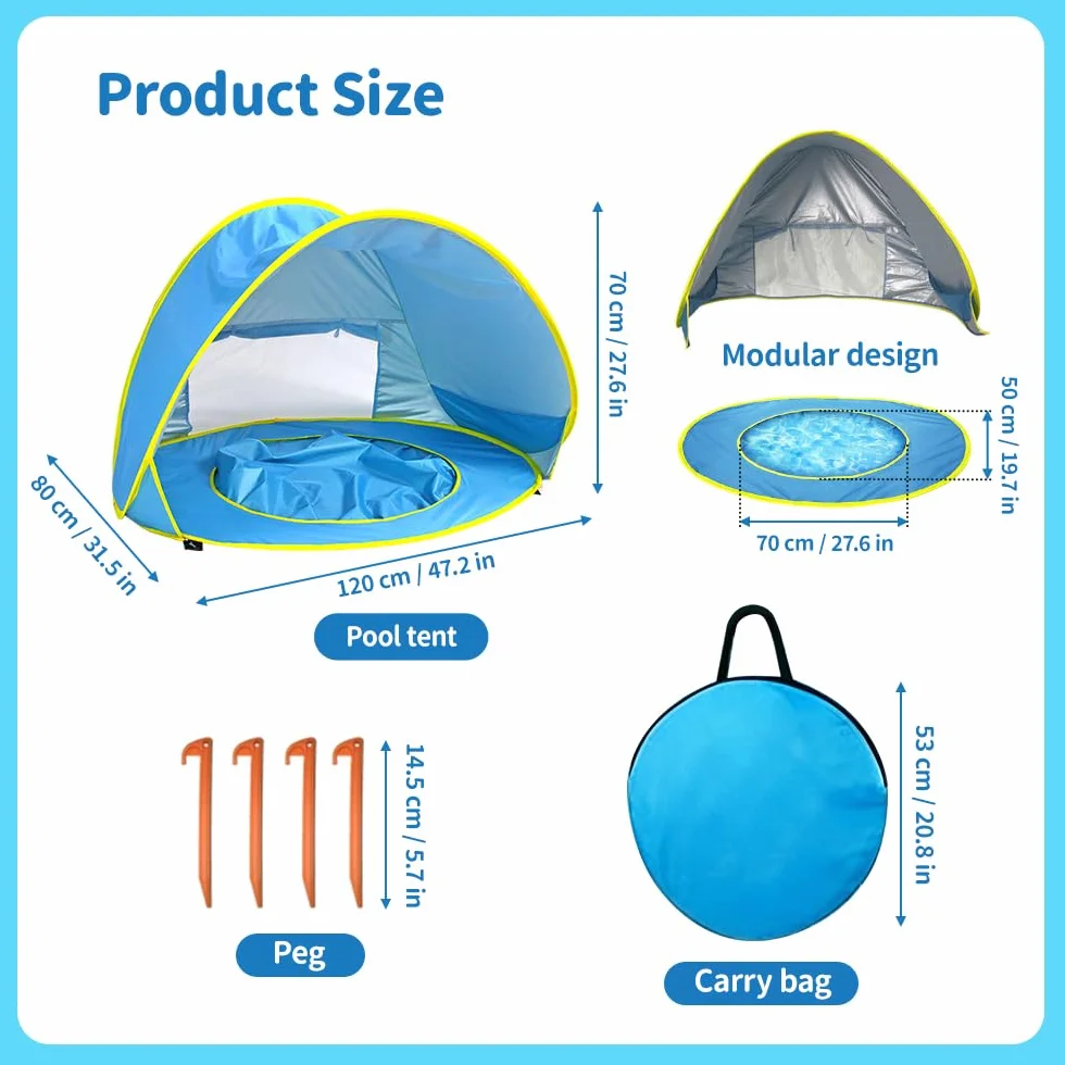 Tente de Plage, Tente Anti UV Bébé avec Protection UV 50, Tente pour Tout-Petits avec Sac de Transport Et Piquets, Fenêtre Zippée – Idéal pour Les Jeunes Enfants, Les Pique-Niques et Le Jardin