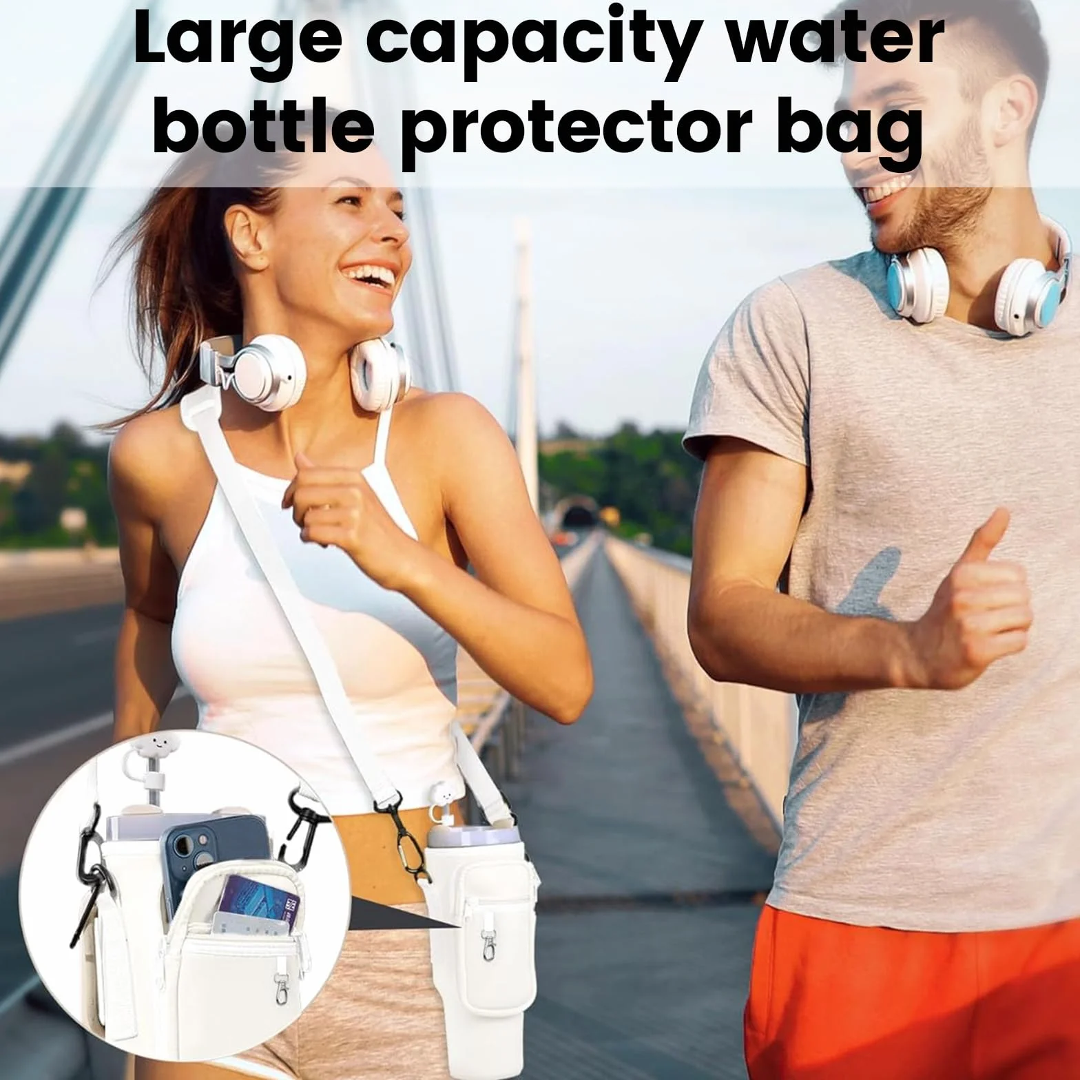 Sac Bouteille d'eau pour Tasse Stanley Cup 40oz, Porte Gourde Sac à Dos avec Sangle Ajustable et Poche pour Téléphone, Stanley Cup Bag pour Marche Camping Course Cyclisme, Blanc