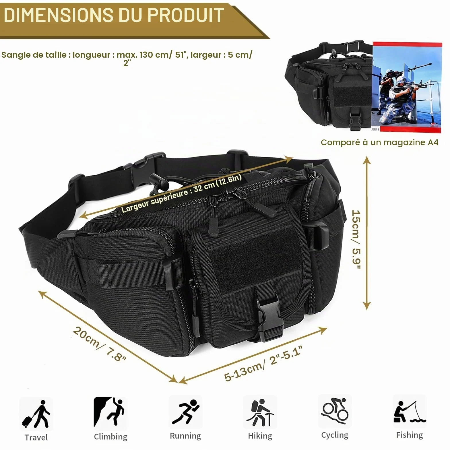 Huntvp Sac Banane Homme Femme Tactique Sacoche Banane Militaire avec Porte Bouteille Sac de Ceinture Bandoulière Multifonctionnel pour Randonnée, Voyage, Camping, Gym, Cyclisme
