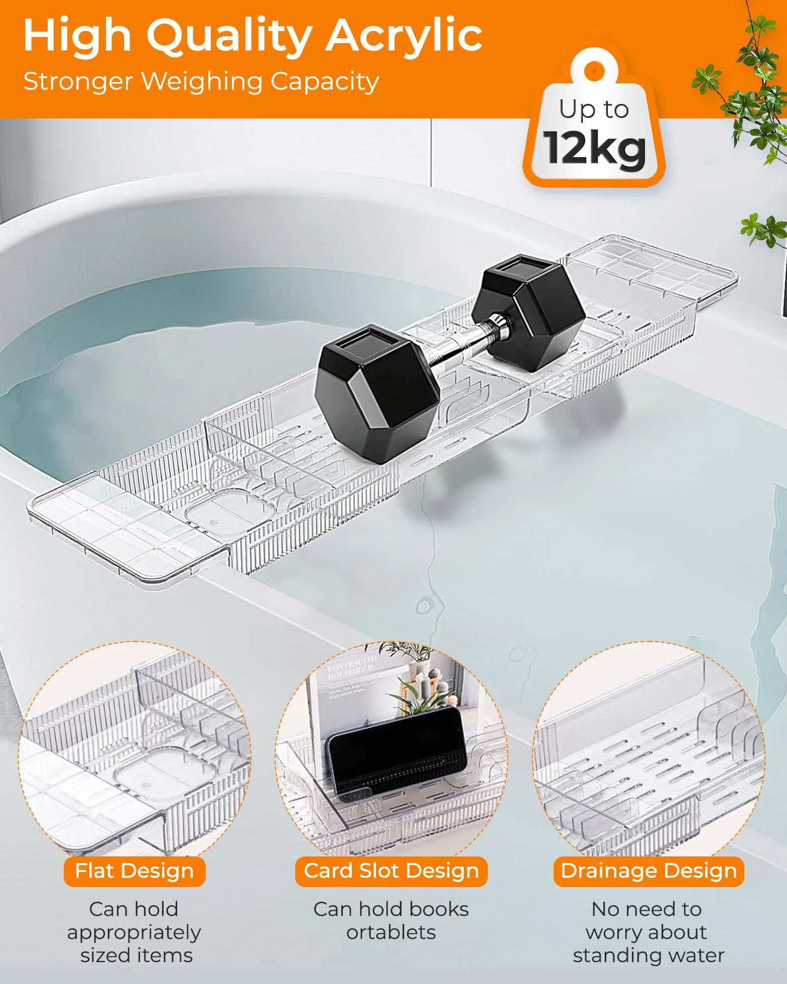 Plateau Baignoire Extensible en Acrylique pour Ipad, Téléphone, Verre, Bougie, Accessoires de Bain Transparent