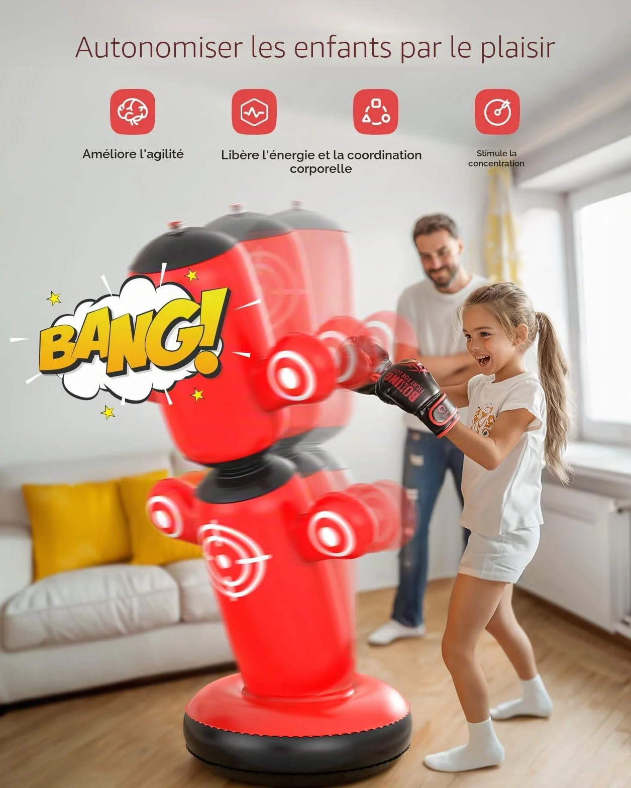 QPAU Rotatif à 360° Punching Ball pour Enfants, 162,6 cm Gonflable Sac de Frappe pour Enfant 6-14, Sac de Boxe Set pour Pratique du Karaté, Taekwondo