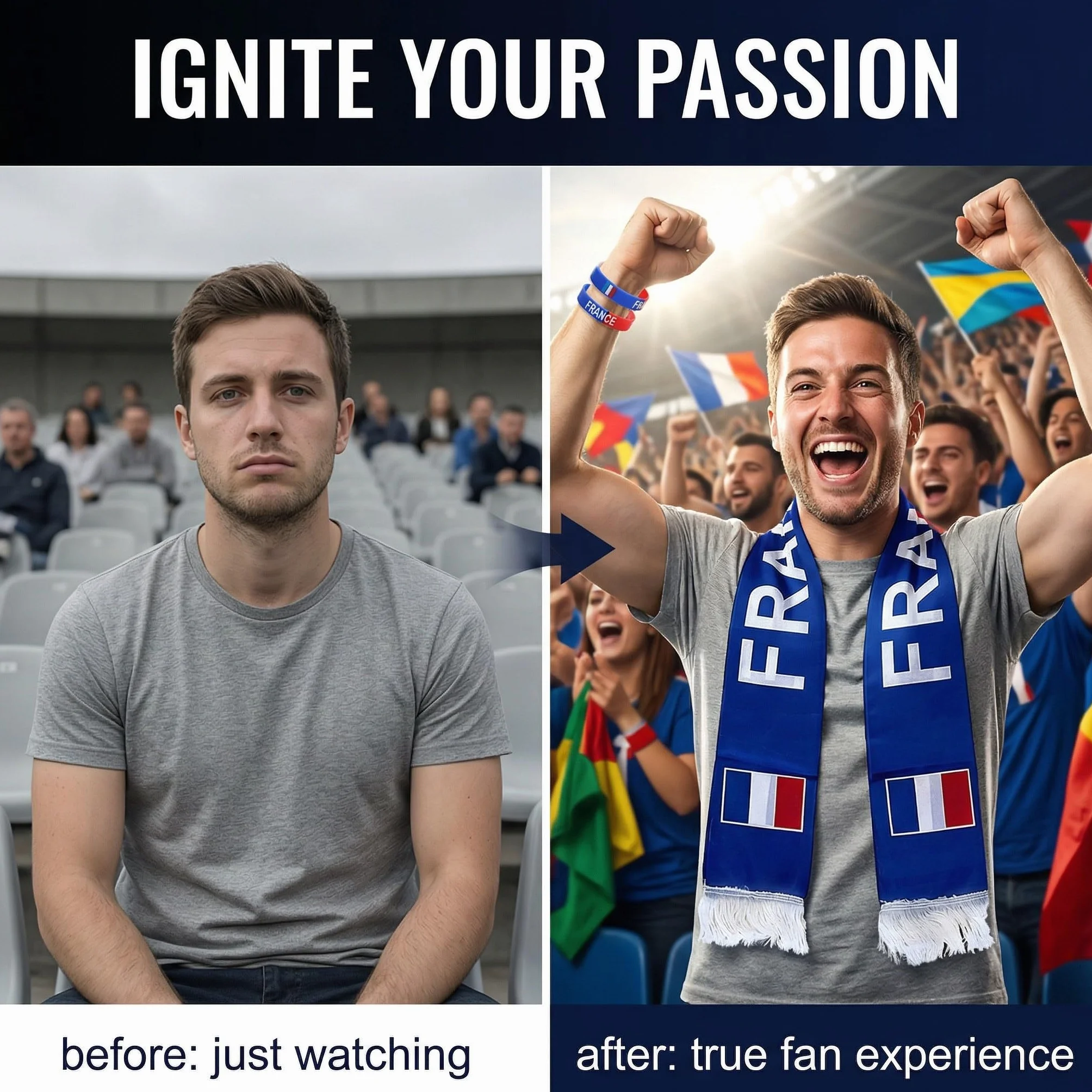 Écharpe de Supporter avec 2 Bracelets en Silicone, Kit Accessoire Bleu Blanc Rouge pour Match de Football et Rugby, Idée Cadeau pour Supporters Homme et Enfant