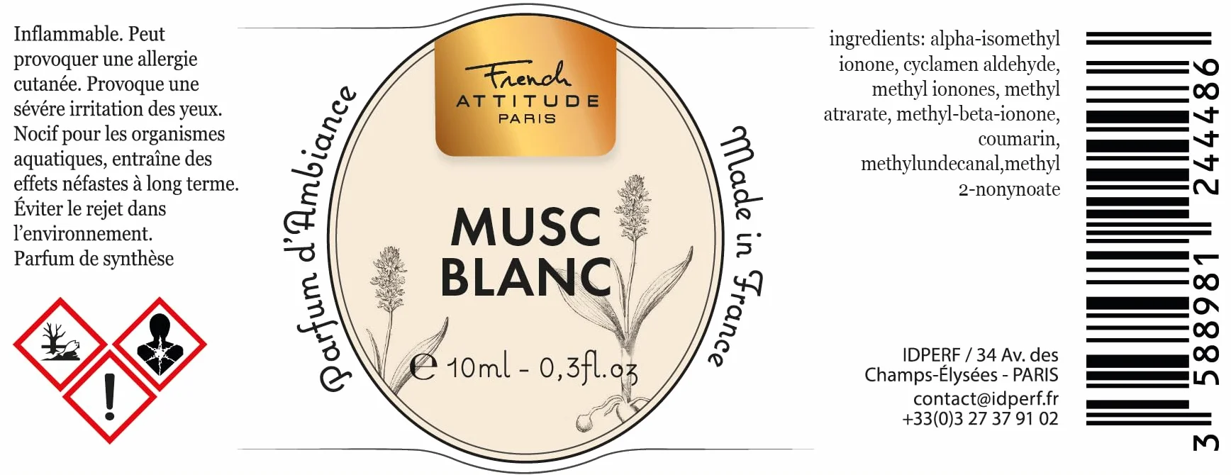 Extrait de Parfum Musc Blanc 10 ml Concentré Parfum d'Ambiance Fabrication Française