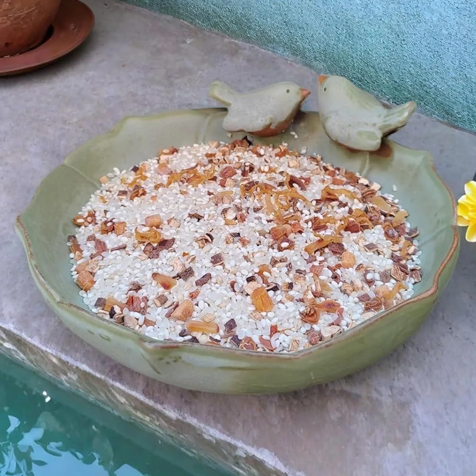 Mangeoire de bain pour oiseaux en céramique avec 2 oiseaux décoratifs pour extérieur
