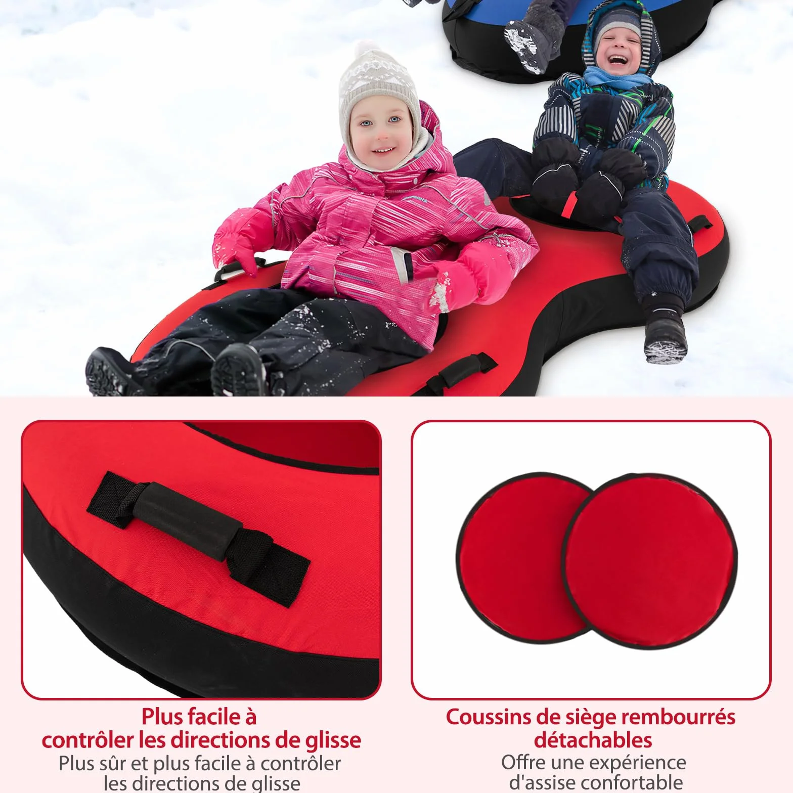 COSTWAY Luge Bouée Gonflable, Traîneau à Neige Robuste en Caoutchouc avec Fond Rigide Sangle de Remorquage Siège Rembourré Pompe de Gonflage, pour Enfants Adultes