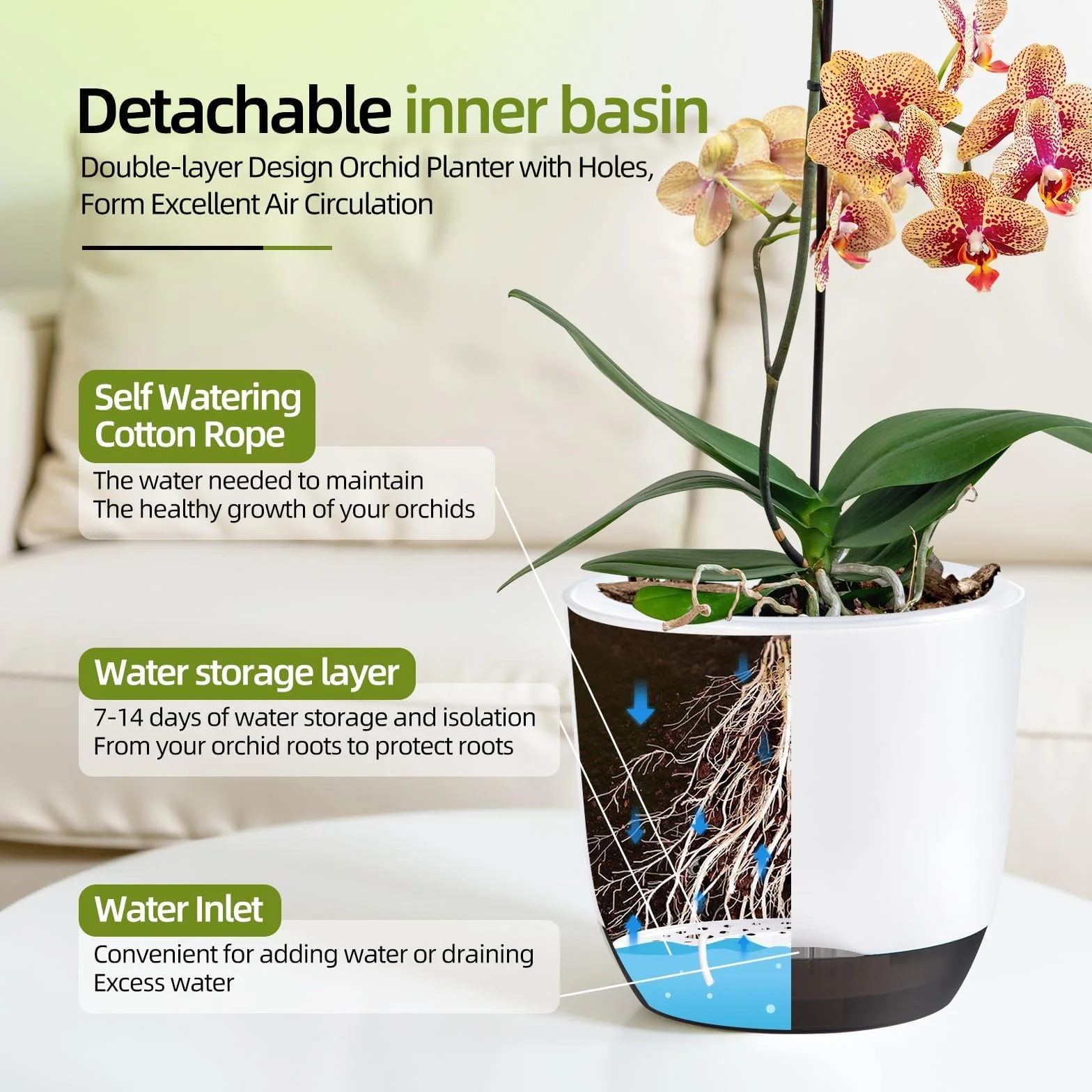 Lot de 2 pots à orchidées 14.5 cm auto-arrosant double couche avec trous