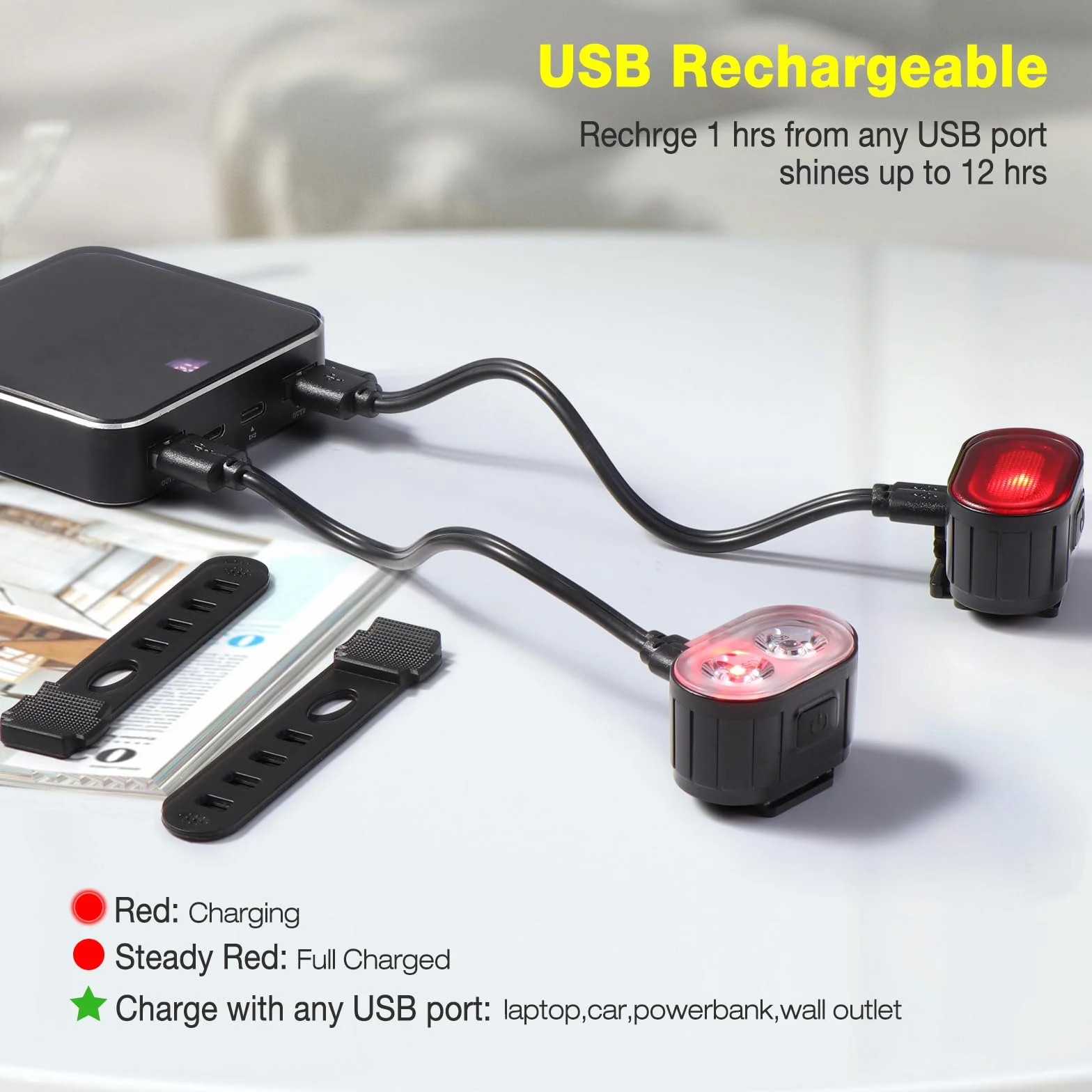 Oderra Lumiere Velo, Lampe Velo LED Puissantes Rechargeable USB, Forte Autonomie de La Batterie avec Modes Clignotement ou Fixe Étanche IPX4 Lumière Velo, Feux Avant et Arrière pour Vélos VTT