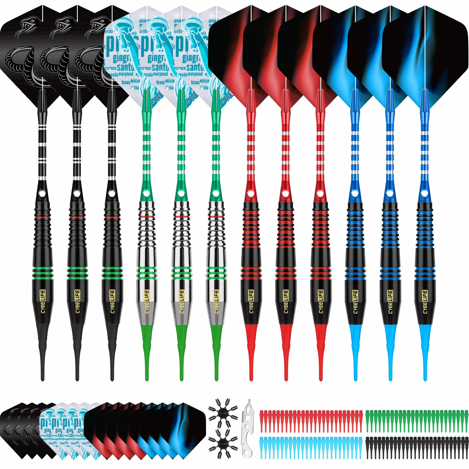 CyeeLife Flechette Pointe Plastique Fléchettes 12pcs 18Grammes avec 16 Ailettes et 100 Pointe Flechette Plastique,Set de Flechettes à Pointe Souple pour Cible de Flechette Electronique,Sûre et Durable