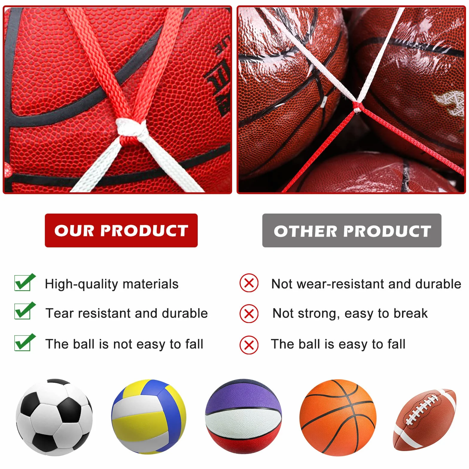 Vegena Lot de 4 filets pour balles de 10 à 15 balles - Portable - En nylon - Pour football, basketball, volley-ball, rugby, handball