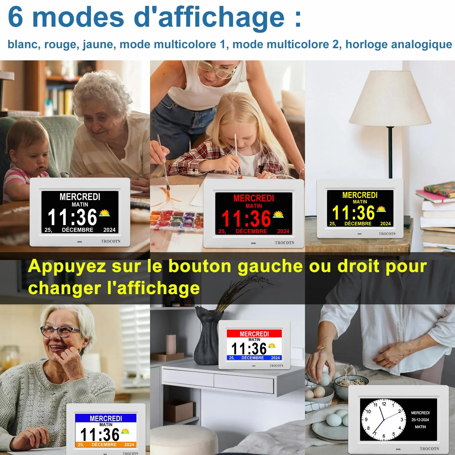 Horloge numérique Grand écran avec Calendrier pour Seniors, 7 Pouces Blanc