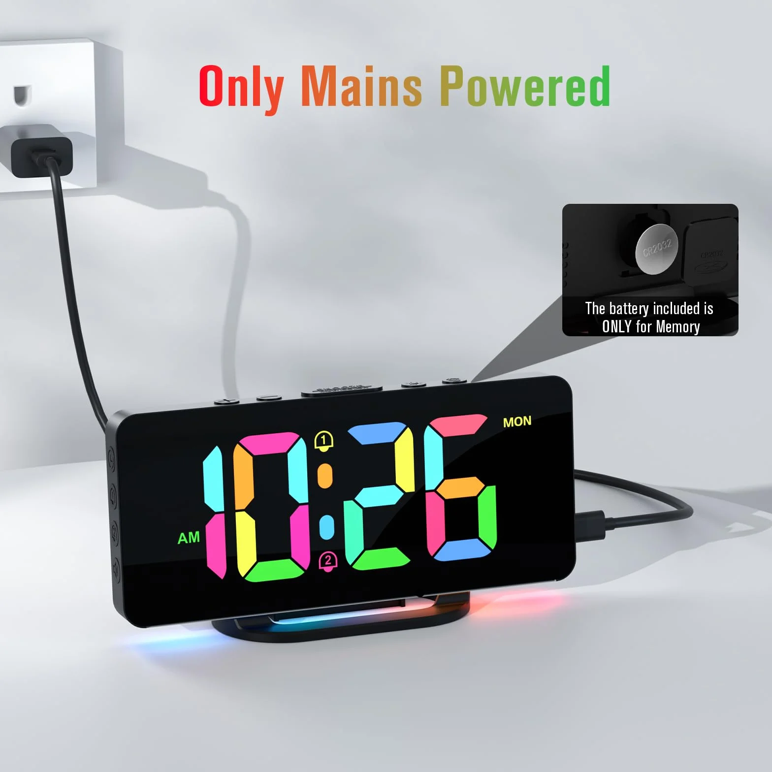 CHEREEKI Réveil Numérique 2 Alarmes Snooze 10 Modes Éclairage Nocturne RGB LED 11 Couleurs Port USB Jour Semaine