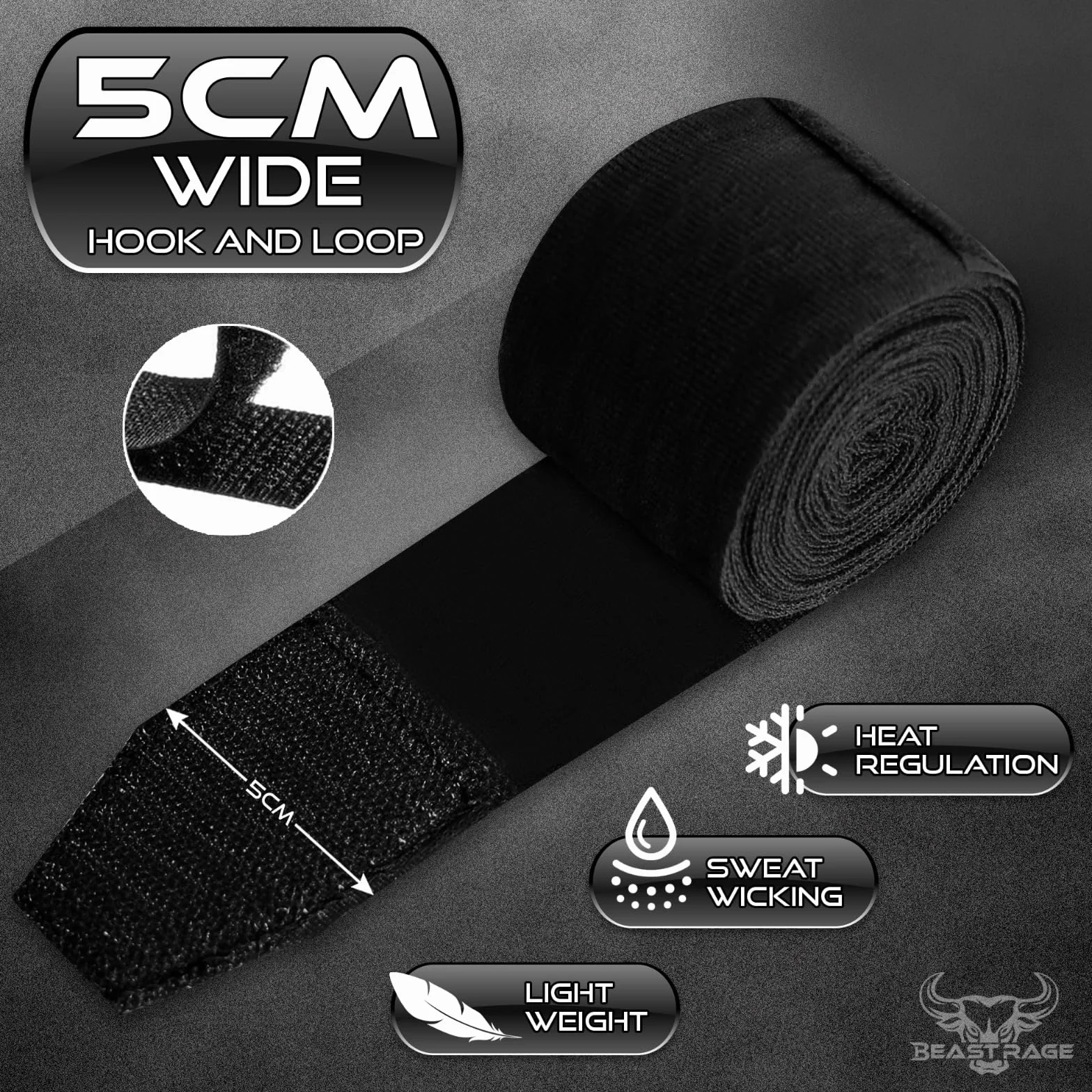 BEAST RAGE Bandages de Boxe pour Arts Martiaux de 4,5 m,Gants intérieurs,Sangles de Soutien pour Poignets, poinçonnage sous Les Mains, Phalanges