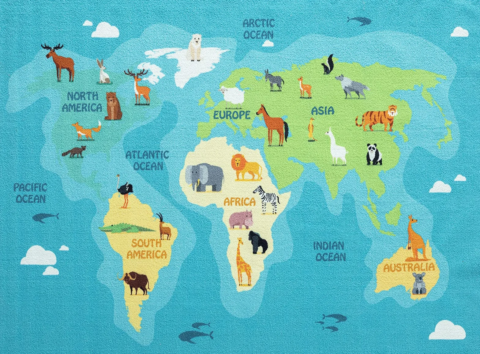 Happy Life Tapis de Jeu Lavable 80 x 150 cm Motif Carte du Monde Animaux Bleu