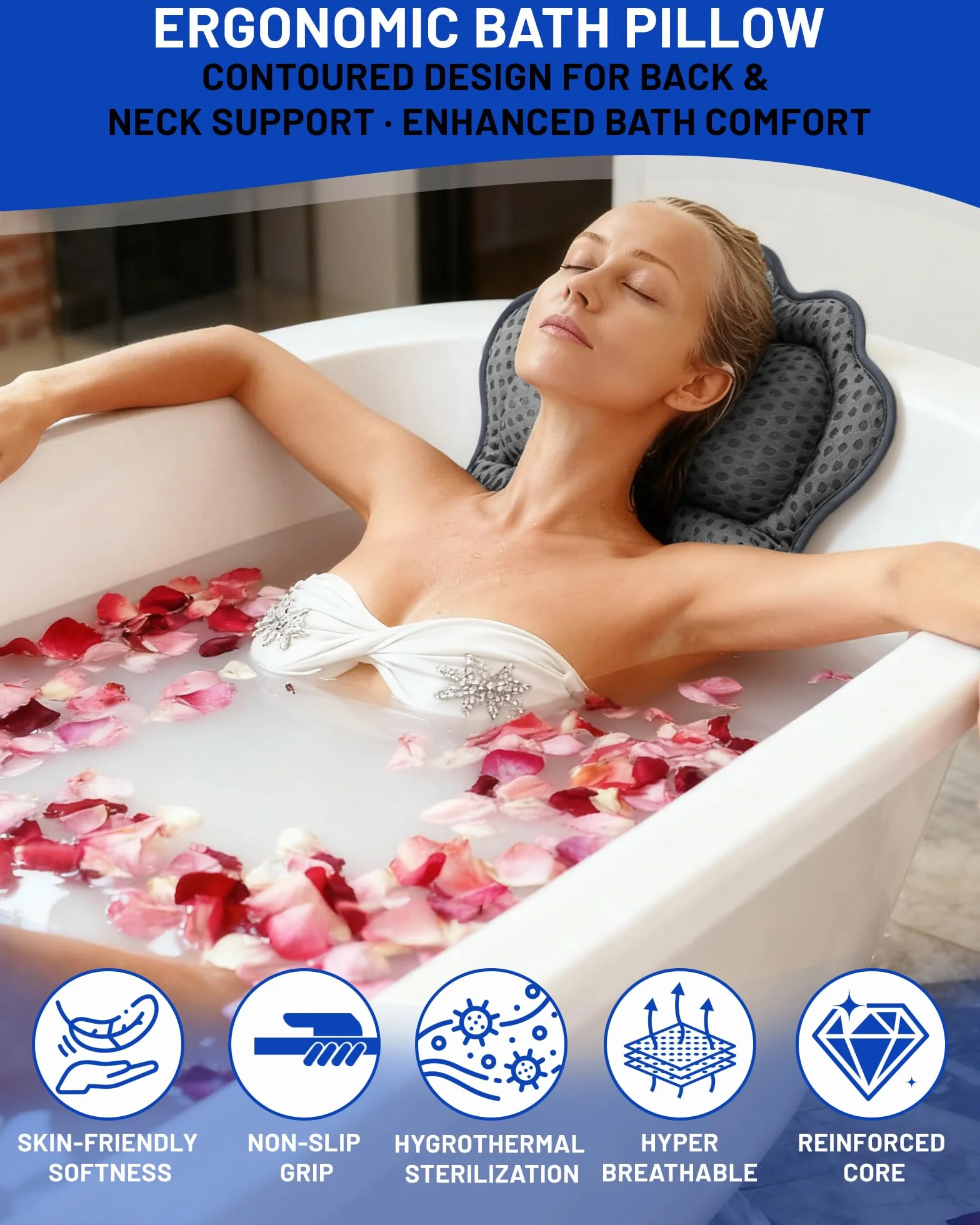 Oreiller de Bain Coussin de Baignoire Technologie 4D Air Mesh 6 Ventouses Puissantes