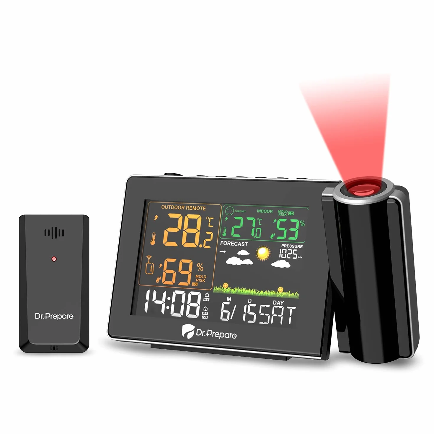 DR.PREPARE Station météo avec capteur extérieur DCF, réveil projection, prévisions météorologiques
