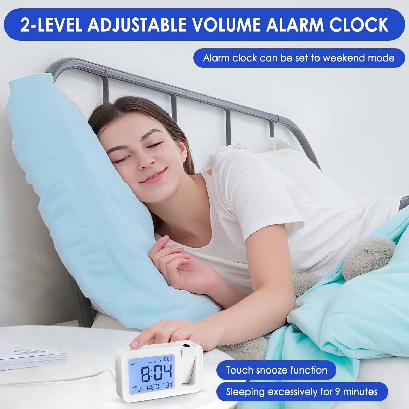 ALLOMN Réveil avec Projection Numérique, Température et Date, 4 Luminosité, Snooze 9 min, 12/24h, Mode Week-end