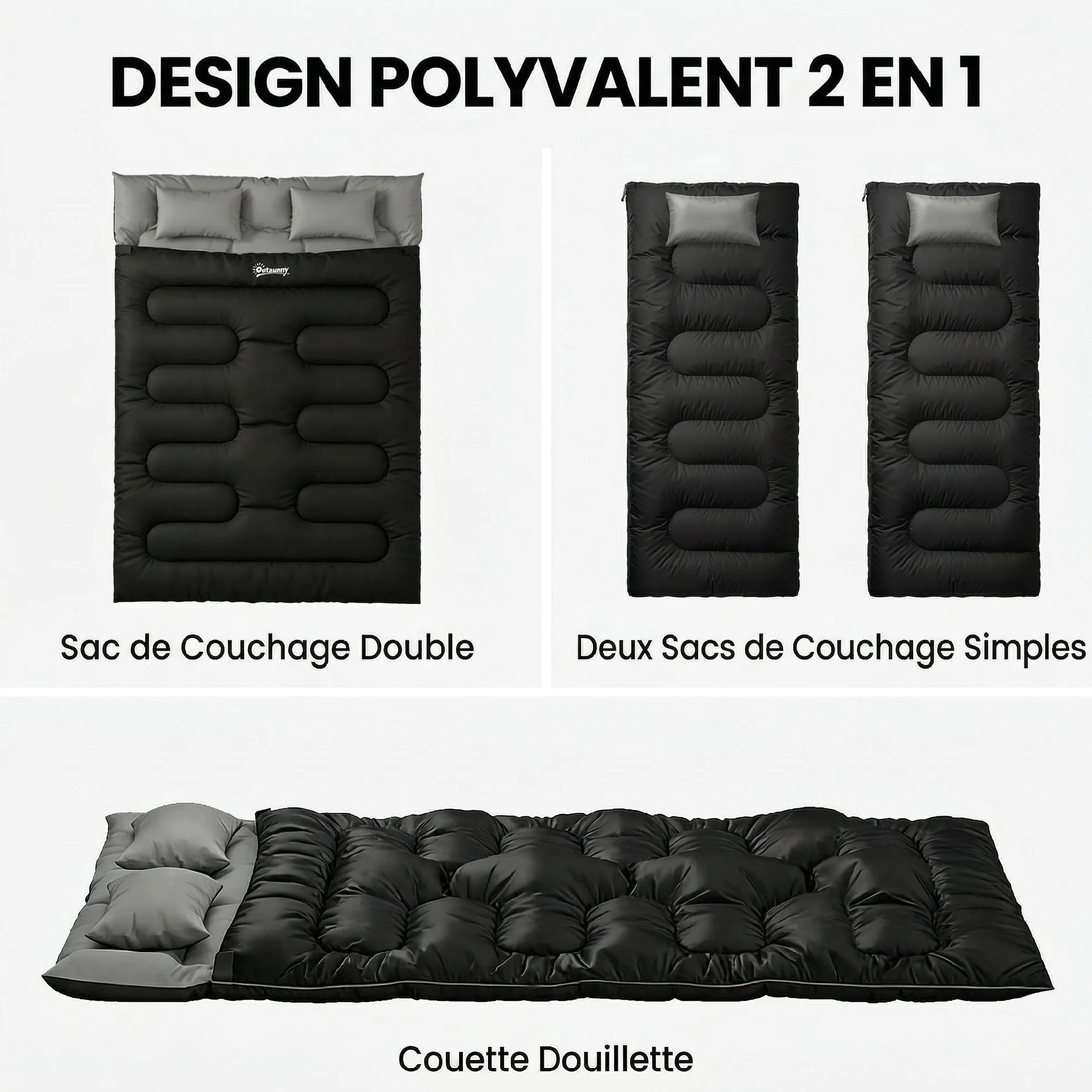 Outsunny Sac de Couchage Double Adulte Modulable 2 Oreillers Coton Creux 400 g/m² Camping Randonnée Noir