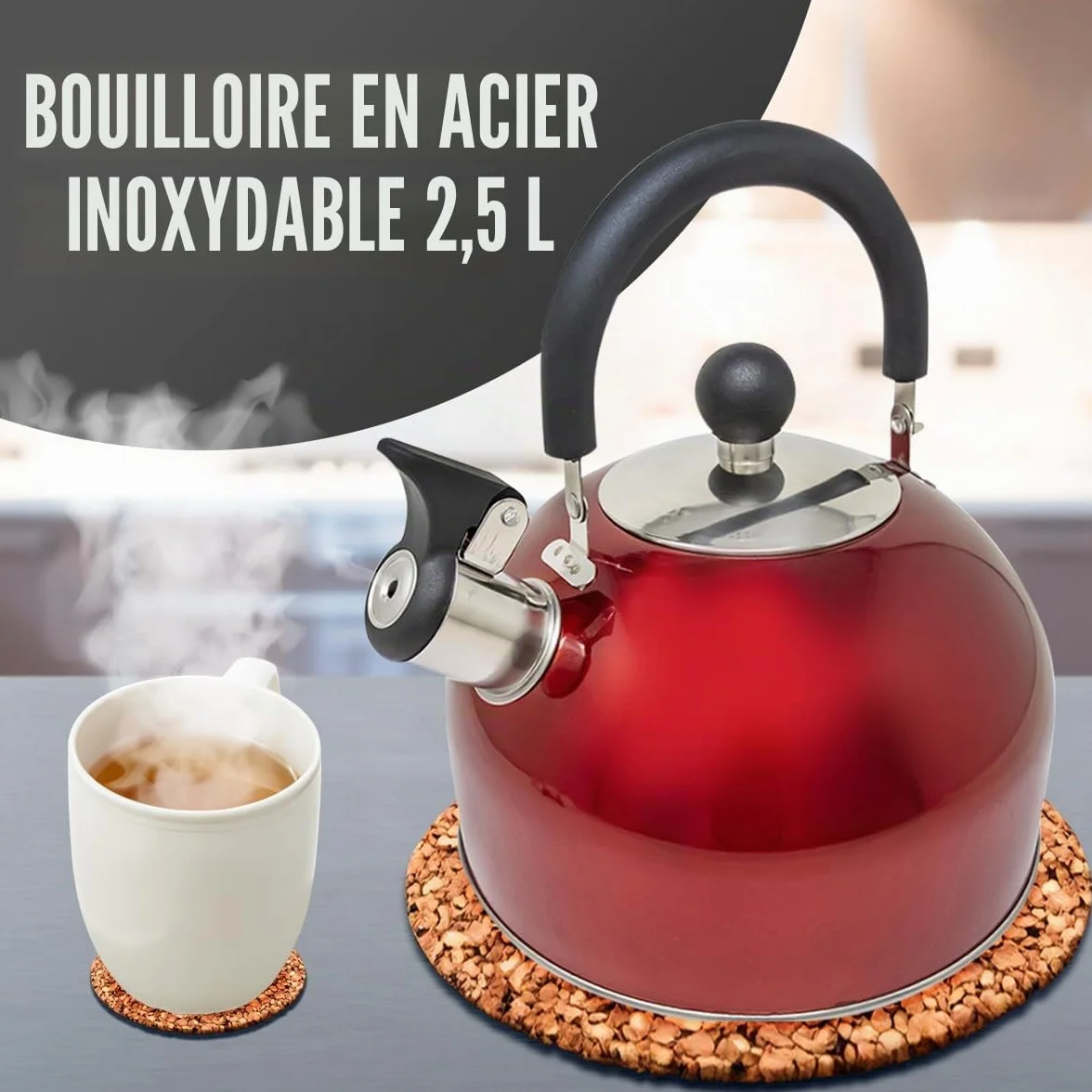 Bouilloire sifflante en acier inoxydable léger, 2,5 L