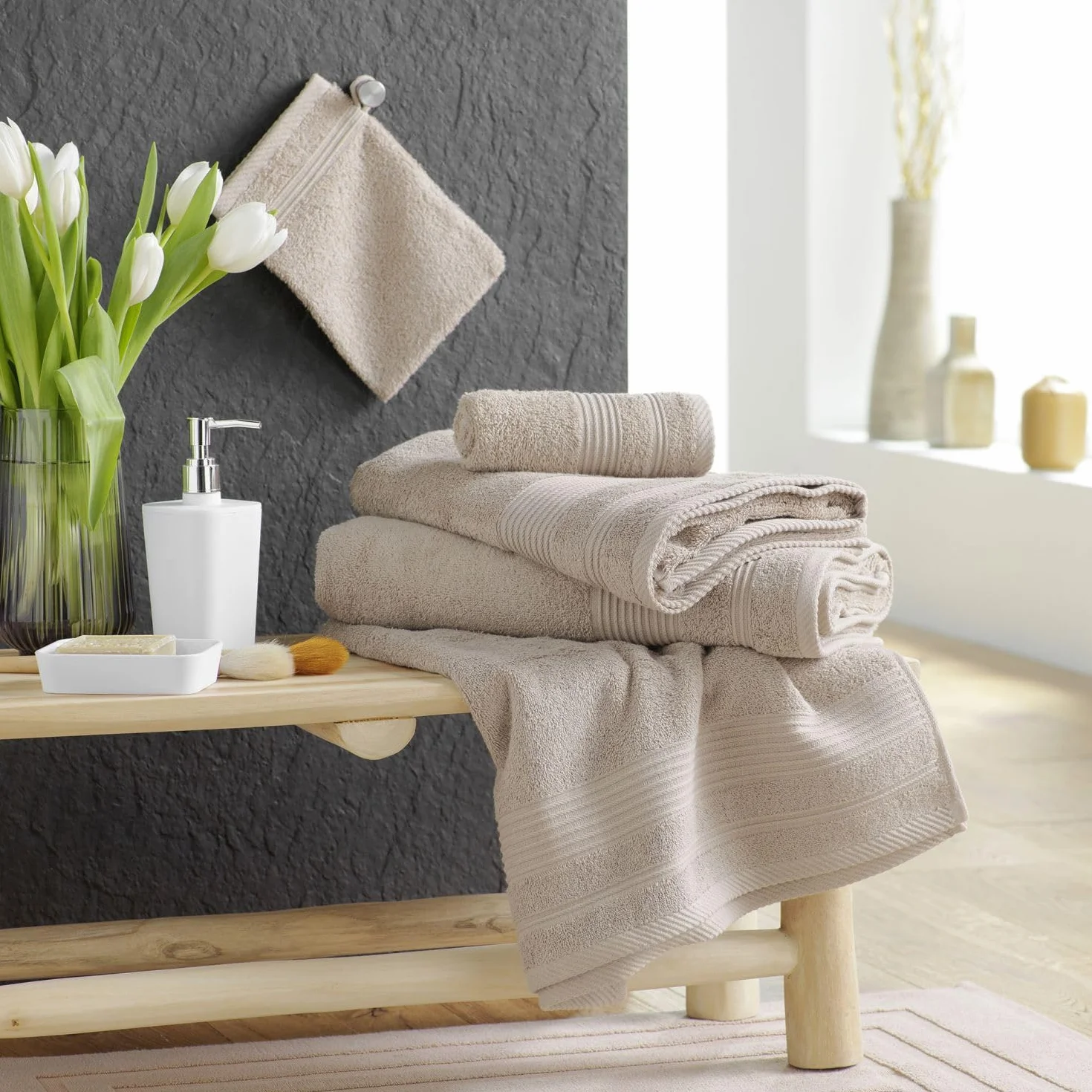 Gants de Toilette 100% Coton 15 x 21 cm Tendresse Taupe