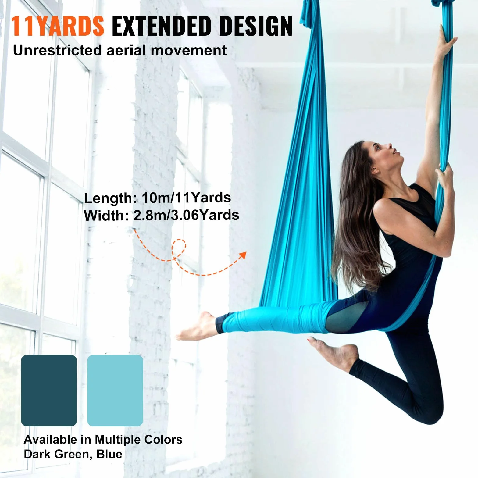 VEVOR Hamac de Yoga Aérien 10 x 2,8 m Kit Balançoire de Yoga Inversion Danse Aérienne en Nylon 100 g/m² Capacité Charge 1000 kg Vol Anti-gravité d'Air pour Fitness Musculation Pilates Gym Maison Bleu