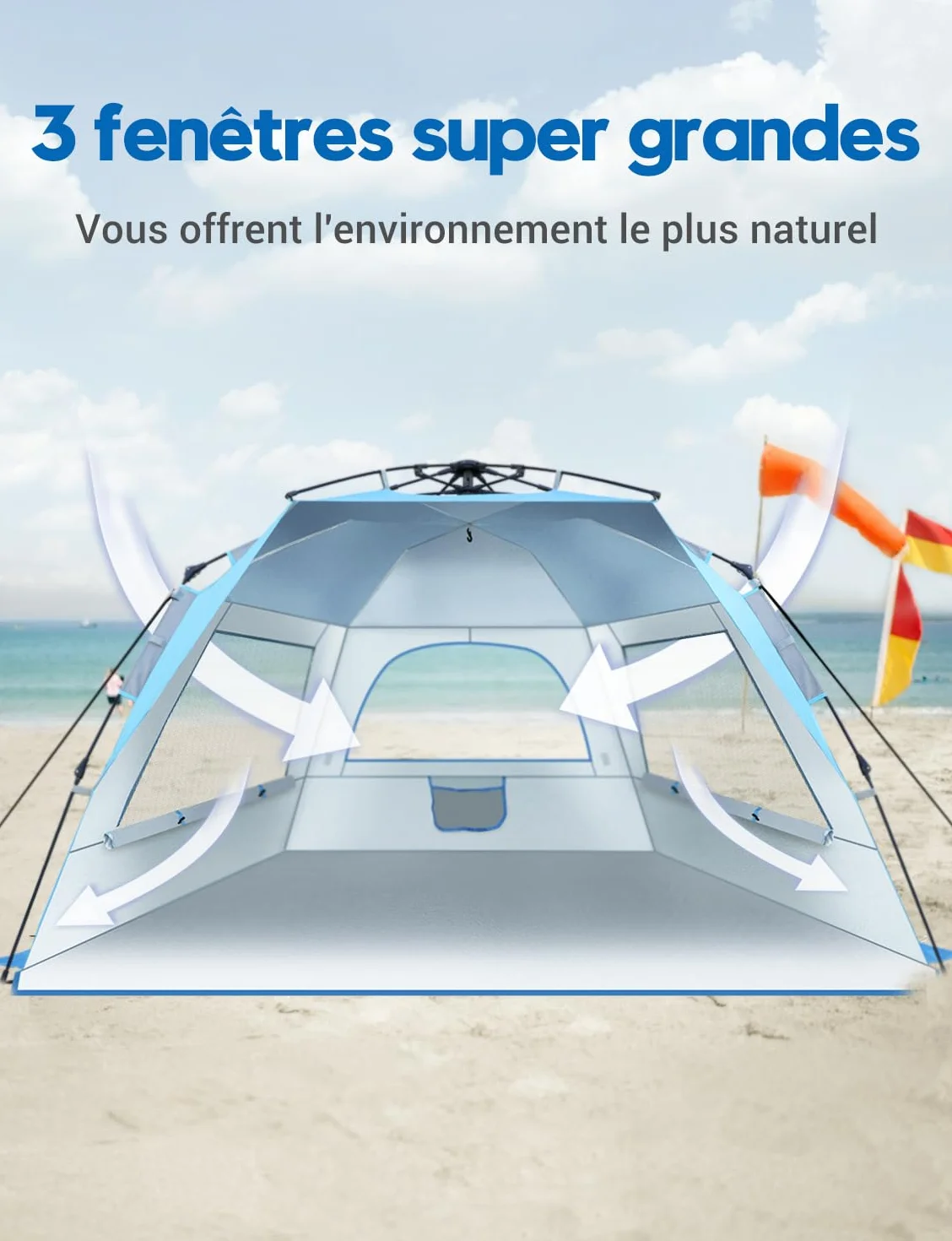 Glymnis Tente de Plage Quick Up Tente de Plage Automatique Protection UV 50+ Protection Contre Le Vent avec système Quick Up Petite Taille repliée pour 4 à 5 Personnes