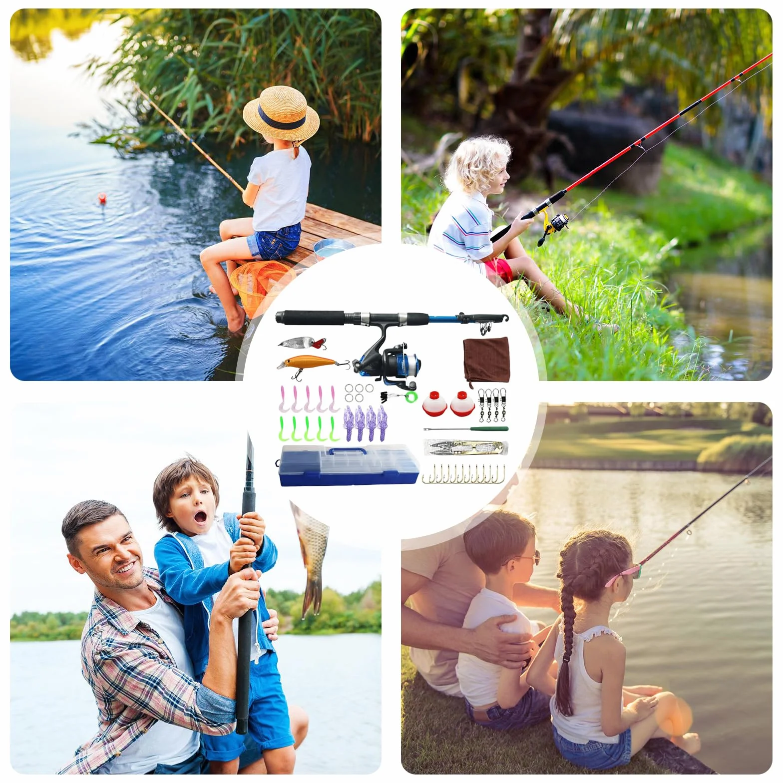 Kit de pêche complet pour enfants de 1,5 m avec moulinet et appât, canne à pêche télescopique en fibre de carbone et moulinet, accessoires de pêche pour enfants de 3 à 10 ans