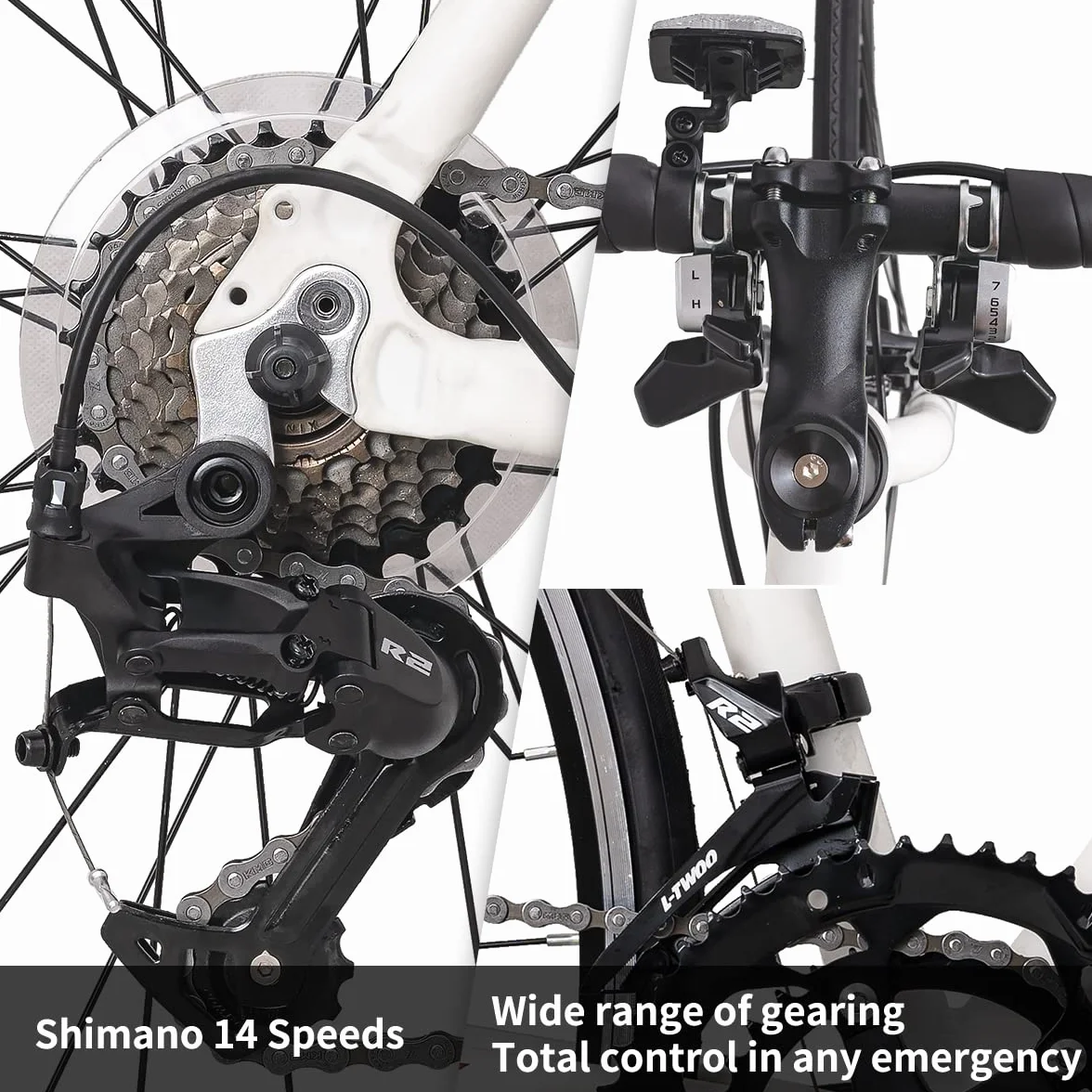 HILAND Vélo de course 28″ cadre aluminium 700C 14 vitesses noir/blanc